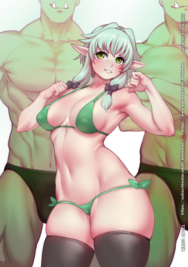 1girls, before anal, before sex, big breasts, blonde female, bokuman, breasts, camera, casting, casting couch, elf, elf ears, elf female, elf girl, female, goblin, goblin male, goblin slayer, green eyes, green hair, high elf archer (goblin slayer), imminentsex, large breasts, male, sofa, uncensored