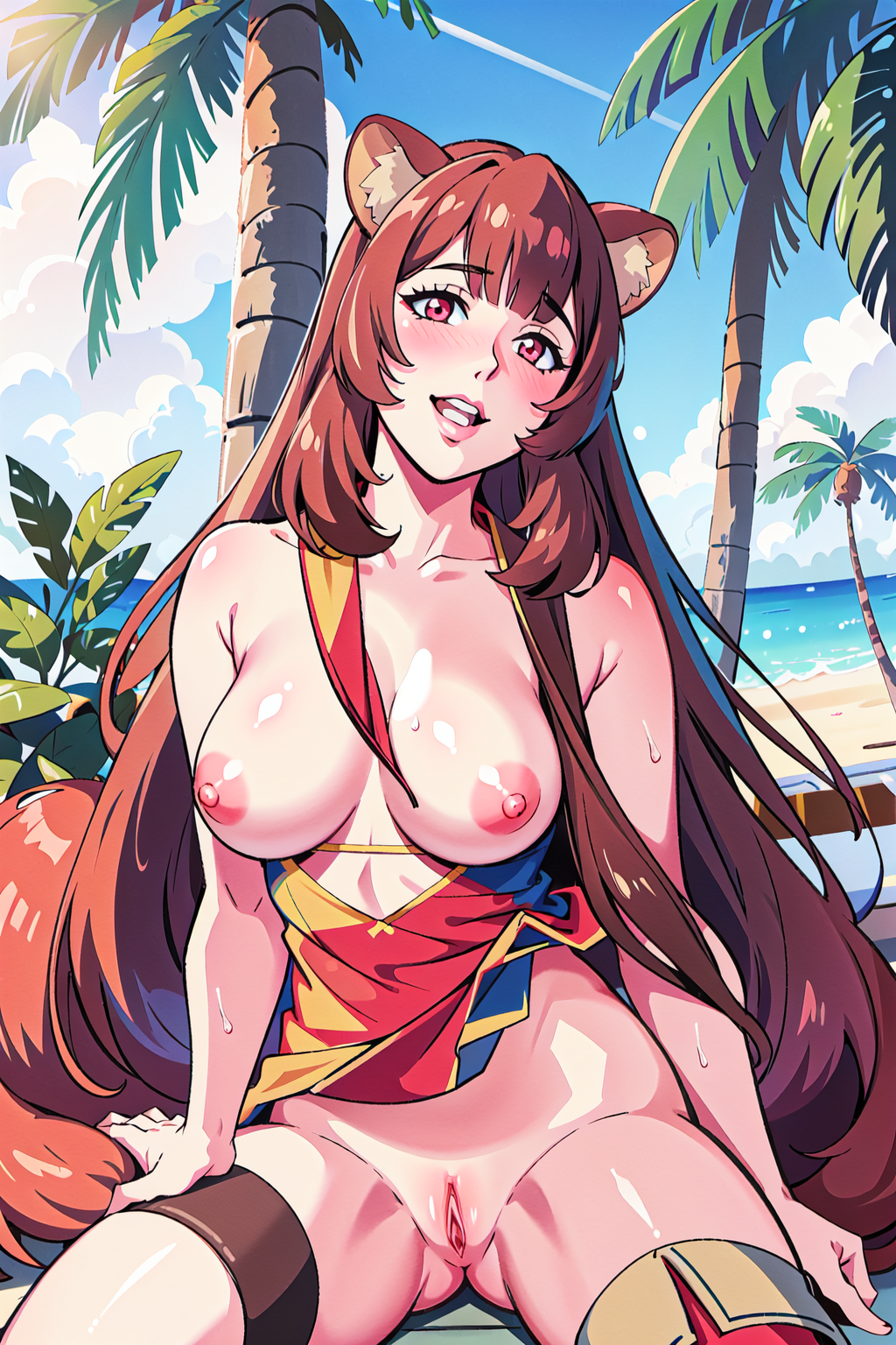 1girls ai_generated animal_ears beach blue_sky blush brown_hair clothing cloud completely_naked day female front_view full_body large_breasts long_hair looking_at_viewer nsfw nude nude_female outdoors palm_tree plant racoon_ears racoon_girl raphtalia red_eyes sand shaved_hair sitting sky spread_legs spread_pussy sunlight tate_no_yuusha_no_nariagari the_rising_of_the_shield_hero tree water