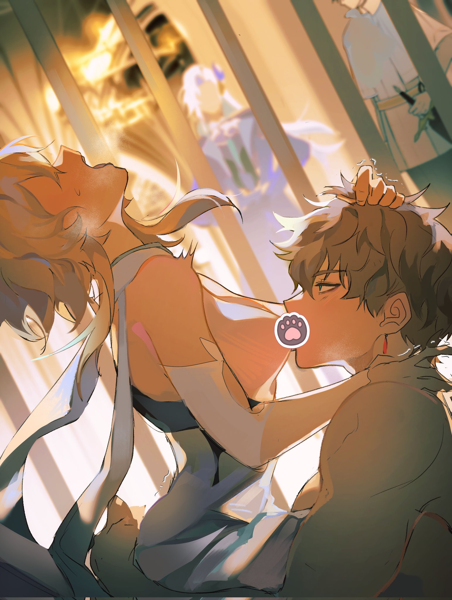 1boy1girl, 1girls, 2boys, blonde hair, breast sucking, breasts, breasts out, brown hair, censored, childe (genshin impact), cowgirl position, dracorux, faceless character, faceless female, female, female on top, female orgasm, female penetrated, genshin impact, hair pull, lumine (genshin impact), male, moaning, neuvillette (genshin impact), partially clothed, prison, prisoner, pulling hair, sex, sitting on lap, sucking nipples, tartaglia (genshin impact)