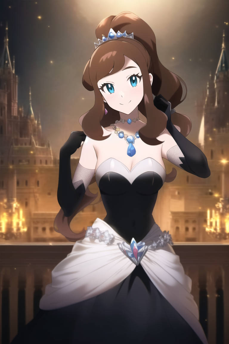 1girls ai_generated black_dress blue_eyes breasts brown_hair castle choker dress earrings elbow_gloves fire gloves hilda_(pokemon) hypnosis krabbytheklown large_breasts looking_at_viewer mind_control necklace nintendo pokemon pokemon_bw ponytail queen royalty strapless strapless_dress tiara