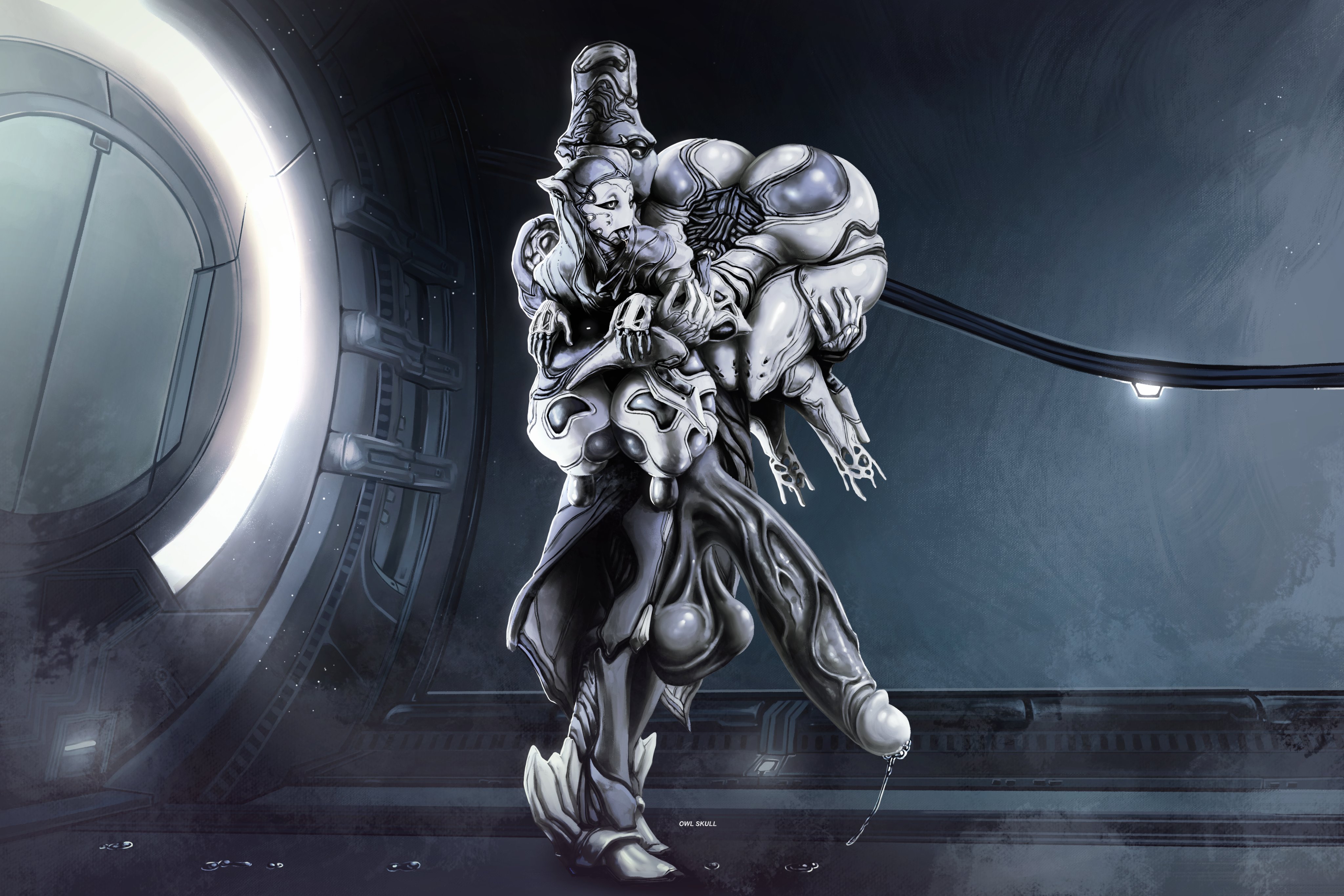 1boy, 1girls, 2d, 2d (artwork), 2d artwork, ass, balls, big balls, big nipples, carrying partner, commission, erect nipples, female, hi res, huge ass, huge butt, huge cock, limbo (warframe), male, nipples, owlskull6, penis, precum, straight, thin waist, tongue, tongue out, veins, veiny penis, warframe, wisp (warframe)