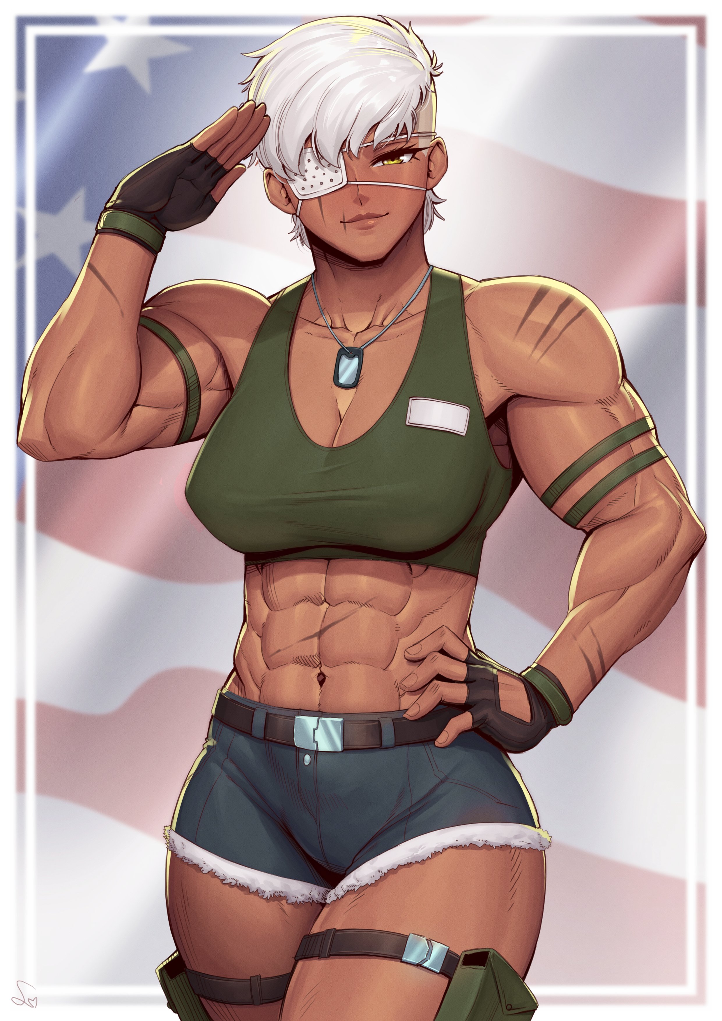1girls, abs, absurd res, adonis belt, american flag, bare shoulders, biceps, breasts, cleavage, dark skin, dark-skinned female, dog tags, eyepatch, female, fingerless gloves, hi res, large breasts, looking at viewer, midriff, military, muscular, muscular arms, muscular female, navel, original, original character, salute, scar, short hair, short shorts, shorts, signature, solo, speedl00ver, white hair, yellow eyes