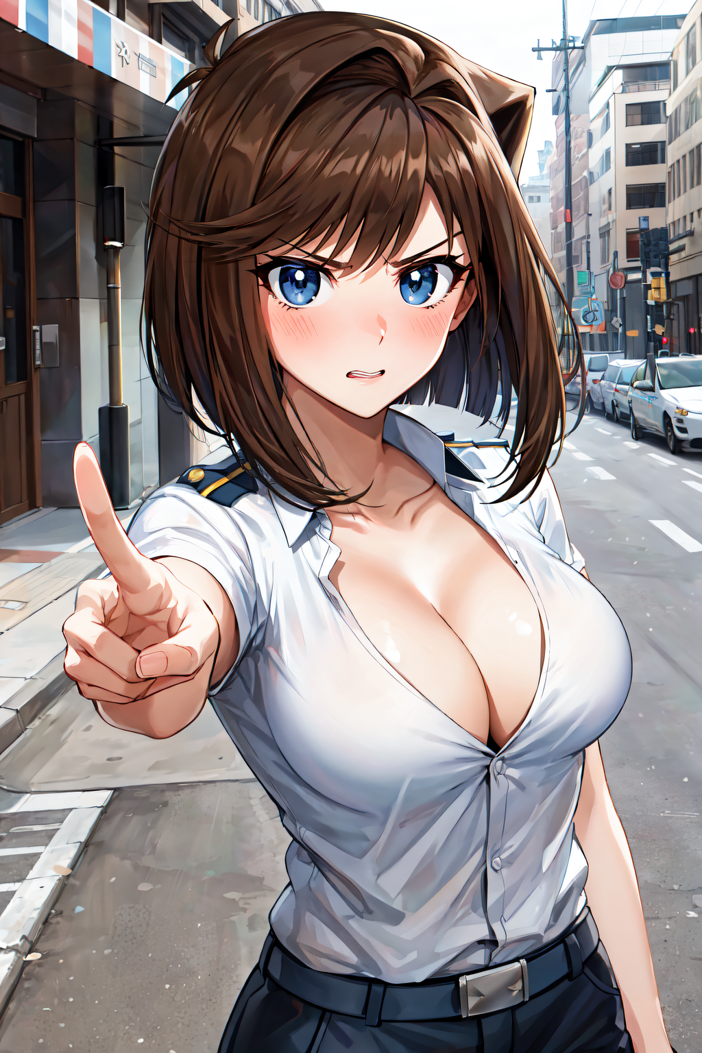 ai_generated blue_eyes blush breasts brown_hair clothing finger_pointing huge_breasts outside police_uniform public short_hair tea_gardner teeth yu-gi-oh!