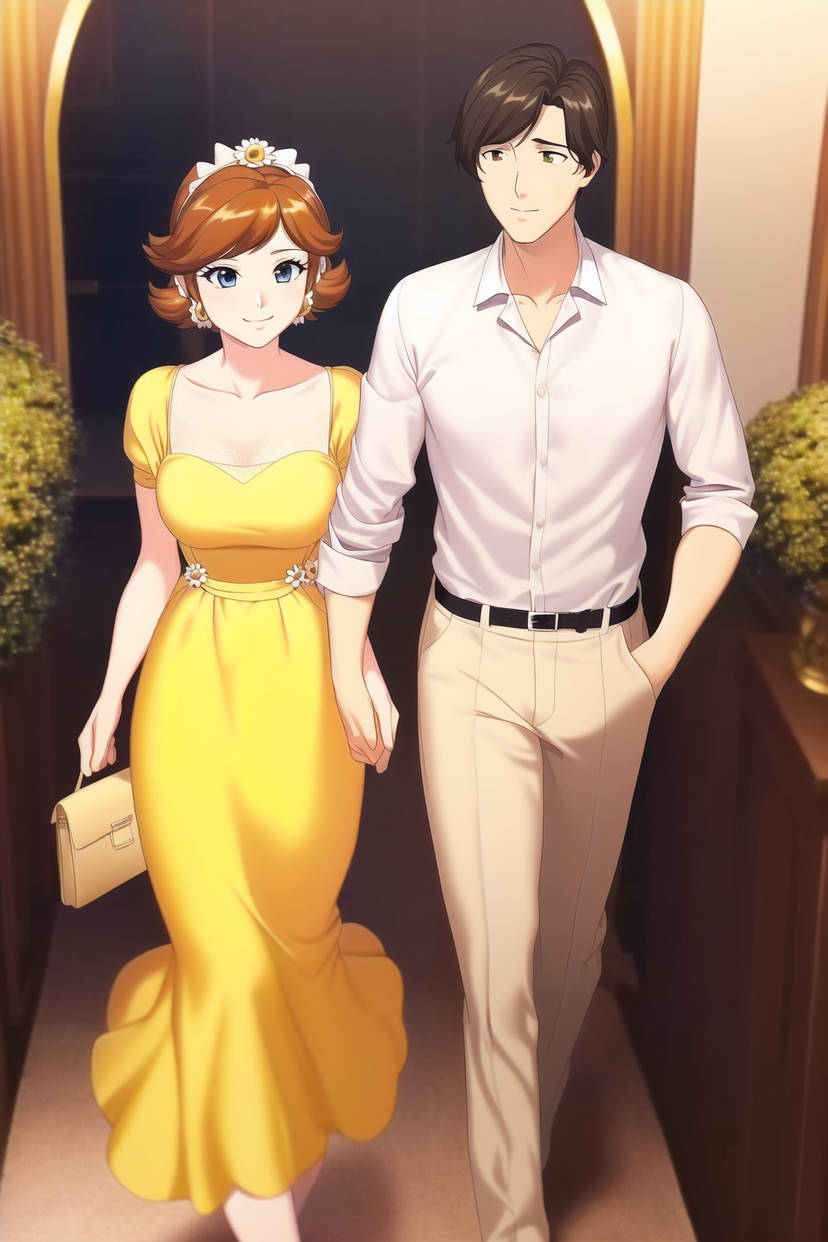 1boy 1girls ai_generated black_hair blue_eyes breasts brown_eyes brown_hair door dress earrings hairband handbag holding_hands housewife hypnosis krabbytheklown mario_(series) medium_breasts mind_control nintendo pants plants potted_plant princess_daisy shirt short_hair stepfordization white_shirt yellow_dress