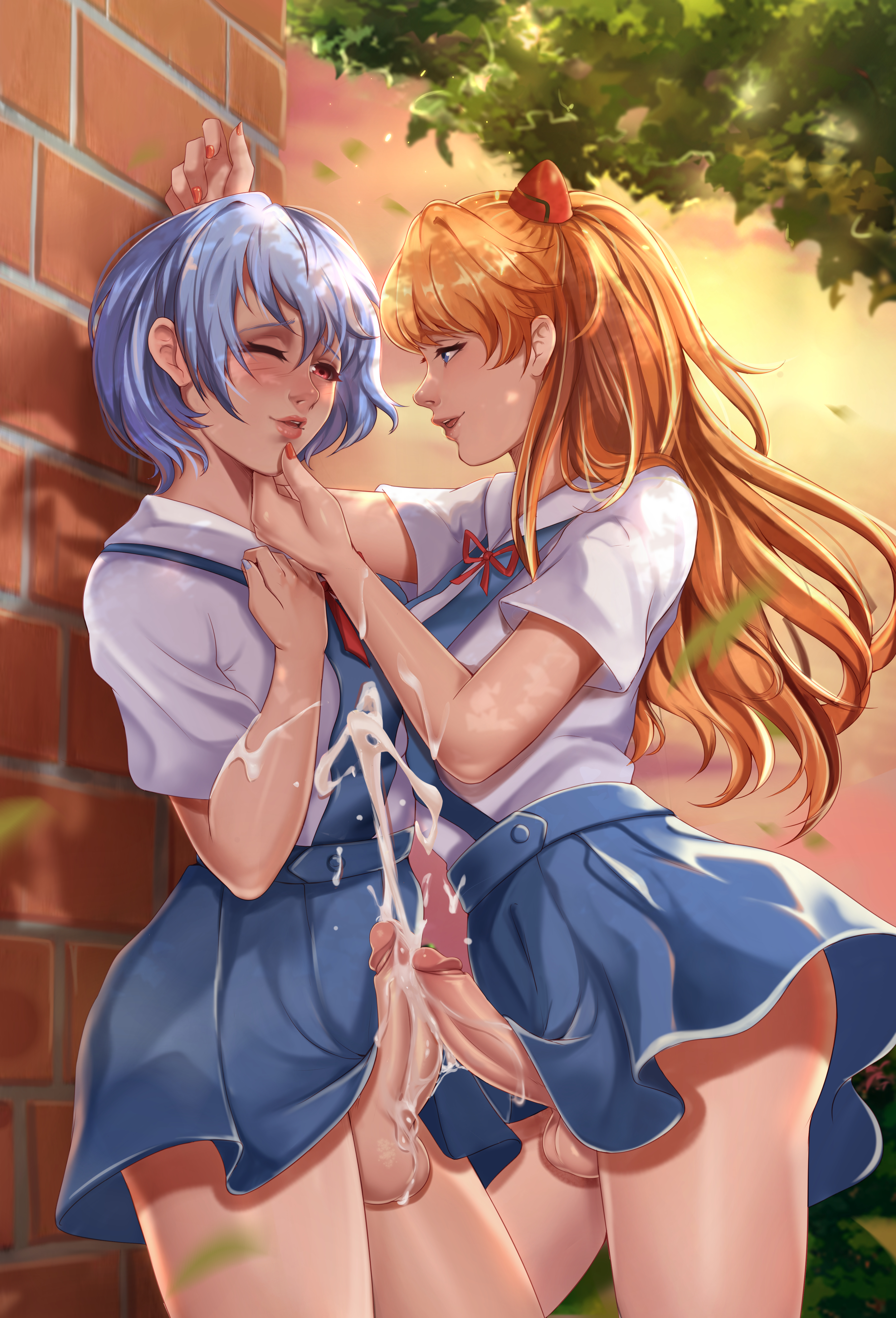 2futas, asuka langley sohryu, balls, cum, cum on arm, cum on penis, dicks touching, exlic, frottage, frotting, futa only, futanari, happy sex, intersex, light skin, light-skinned futa, neon genesis evangelion, penis, penis on penis, penis to penis, penises touching, rei ayanami, school uniform, smiling, smiling at partner, tagme