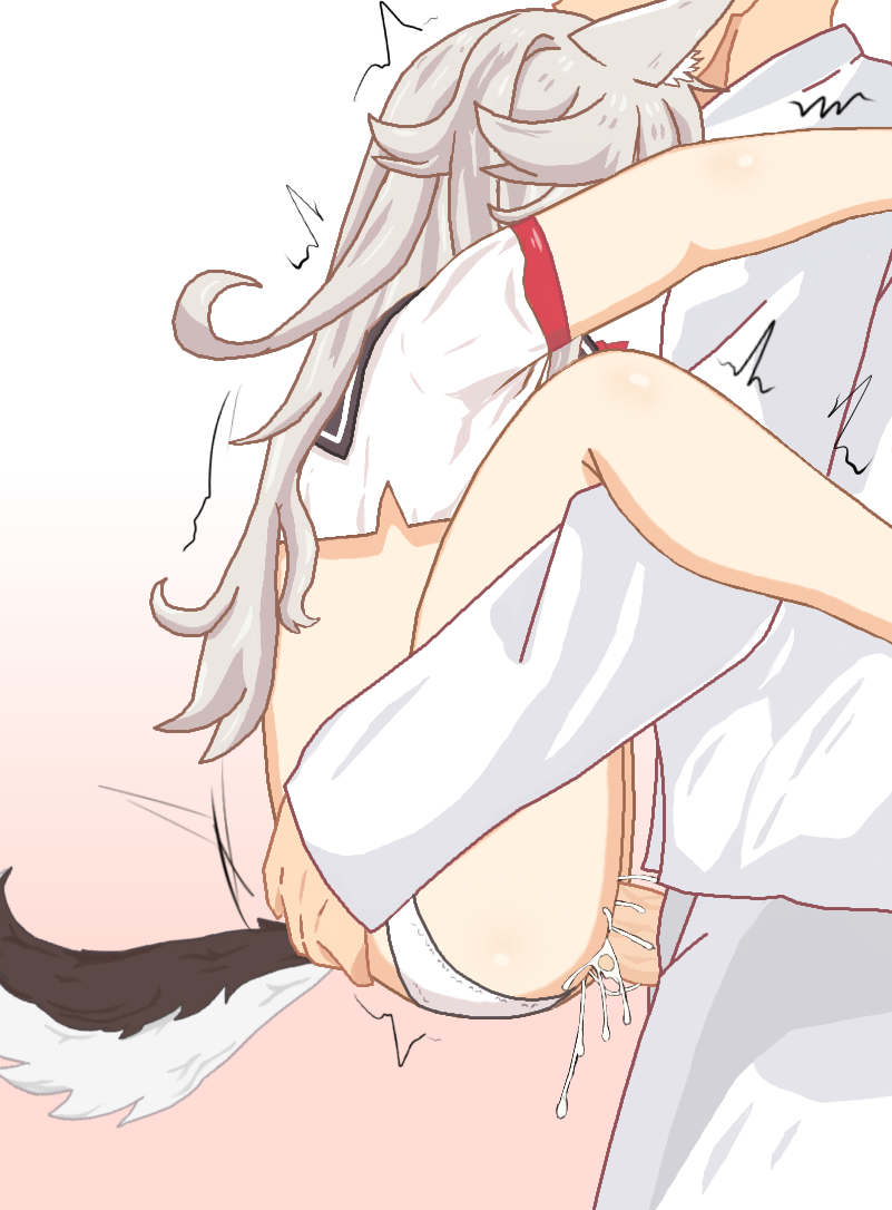 1boy 1girls animal_ears ass azur_lane clothed_sex crop_top cum cum_in_pussy cum_inside cum_overflow cumdrip dog_girl ejaculation female grey_hair in_heat light-skinned_female light-skinned_male light_skin no_pants panties sakura_empire_(azur_lane) sbeve2004 sex shaking shirt tail underwear upright_straddle vaginal_penetration white_shirt wolf_ears wolf_girl wolf_tail yuudachi_(azur_lane)