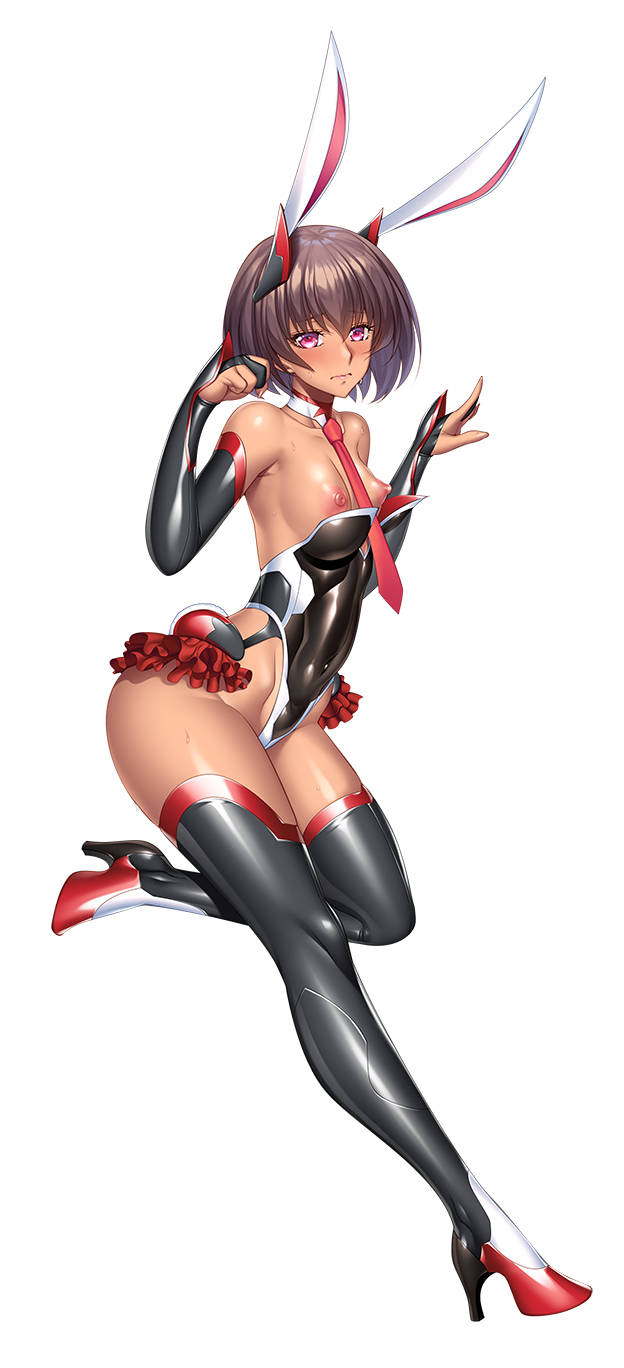 1girls, armwear, bare breasts, black thighhighs, breasts, breasts out, brown hair, bunny ears, female, frills, heels, leotard, mizuki yukikaze, necktie, nipples, pink nipples, purple eyes, short hair, sweat, taimanin (series), taimanin rpgx, taimanin suit, tan skin, thighhighs