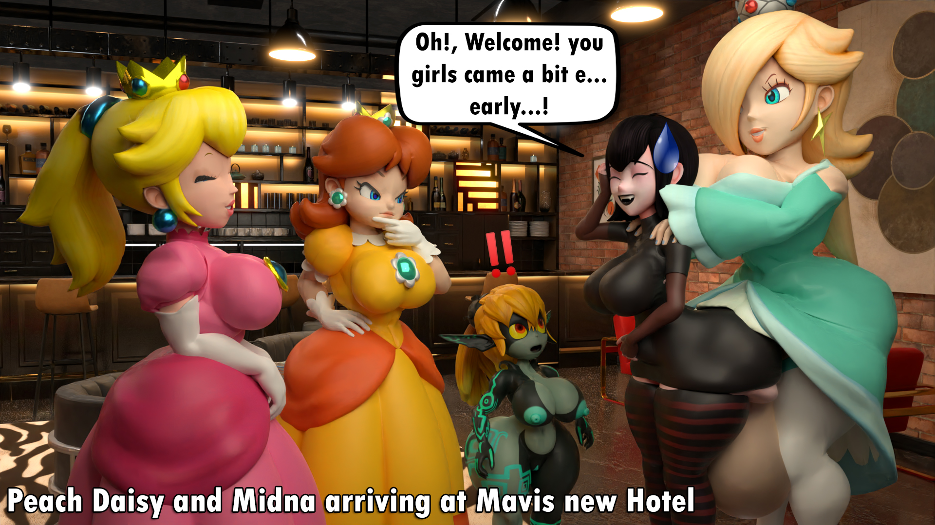 1futa, 3d, 3d (artwork), 3girls, ass, big ass, big breasts, big penis, boob window, breasts, casual, casual nudity, casual sex, clothed, crossover, deep penetration, dress, eastern and western character, female, futanari, hidden sex, hotel transylvania, huge ass, huge cock, imp, imp midna, intersex, jealous, kabalmystic (style), mario (series), mavis dracula, midna, naked, nintendo, no bra, no underwear, nude, penetration, penis, princess daisy, princess peach, princess rosalina, revealing clothes, sex, shocking (artist), stomach bulge, teasing, the legend of zelda, twilight princess, underass