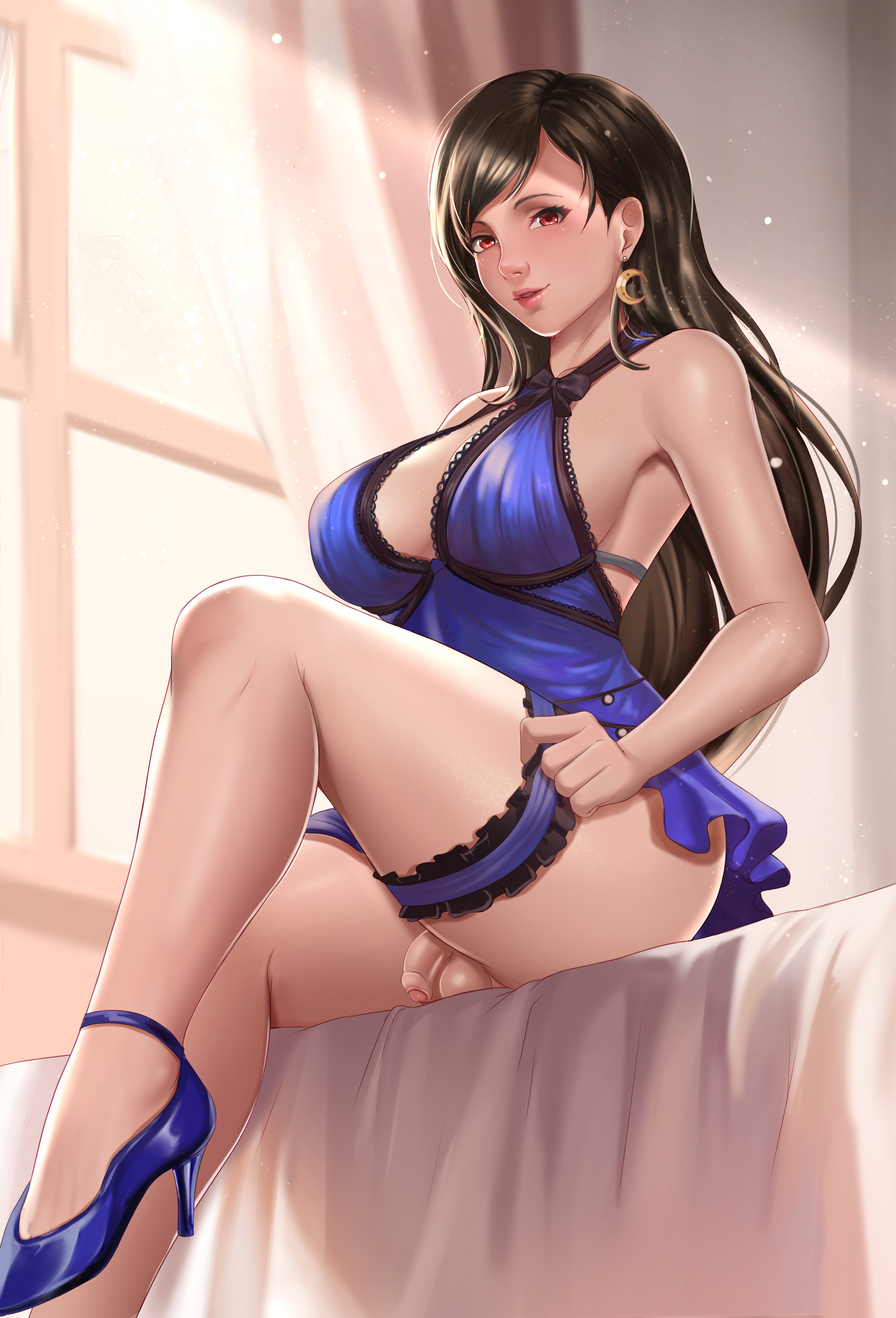 balls, big breasts, big tits, boobs, breasts, earrings, exlic, final fantasy, final fantasy vii, fingernail polish, futa only, futanari, hair ribbon, hair ring, intersex, light skin, light-skinned futa, lipstick, penis, ponytail, red eyes, seducing, seductive, tagme, tifa lockhart