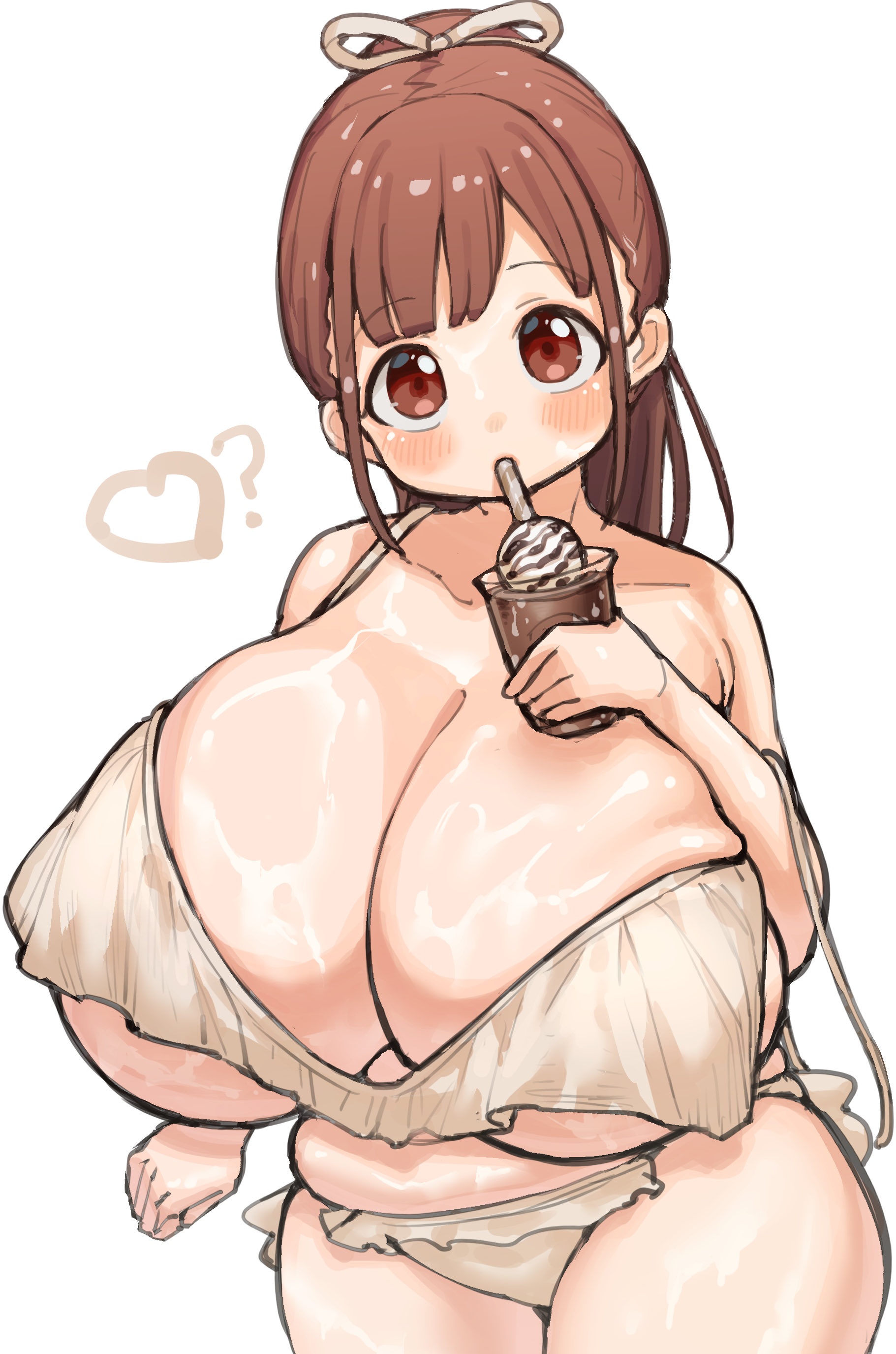 ?, 1girls, big breasts, big eyes, blush, breasts, brown eyes, brown hair, busty, cleavage, enormous breasts, female, female focus, female only, gigantic breasts, huge breasts, ice cream, large breasts, light skin, light-skinned female, looking at viewer, massive breasts, mimiru (mimiru6969), original character, slightly chubby, smooth skin, solo, solo female, solo focus, untied bikini, white background