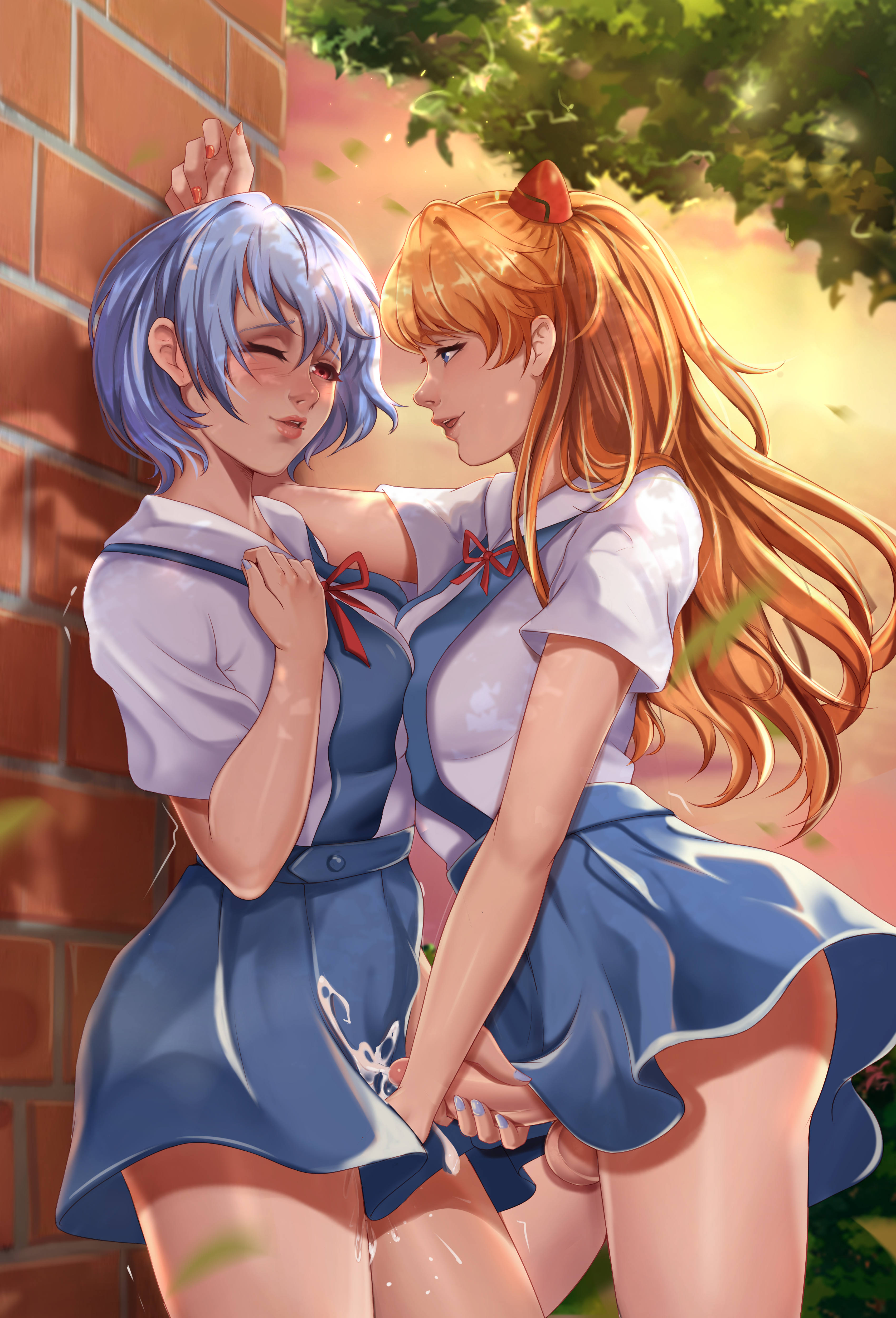 2futas, asuka langley sohryu, balls, exlic, futa only, futanari, handjob, happy sex, intersex, light skin, light-skinned futa, neon genesis evangelion, penis, rei ayanami, school uniform, smiling, smiling at partner, tagme