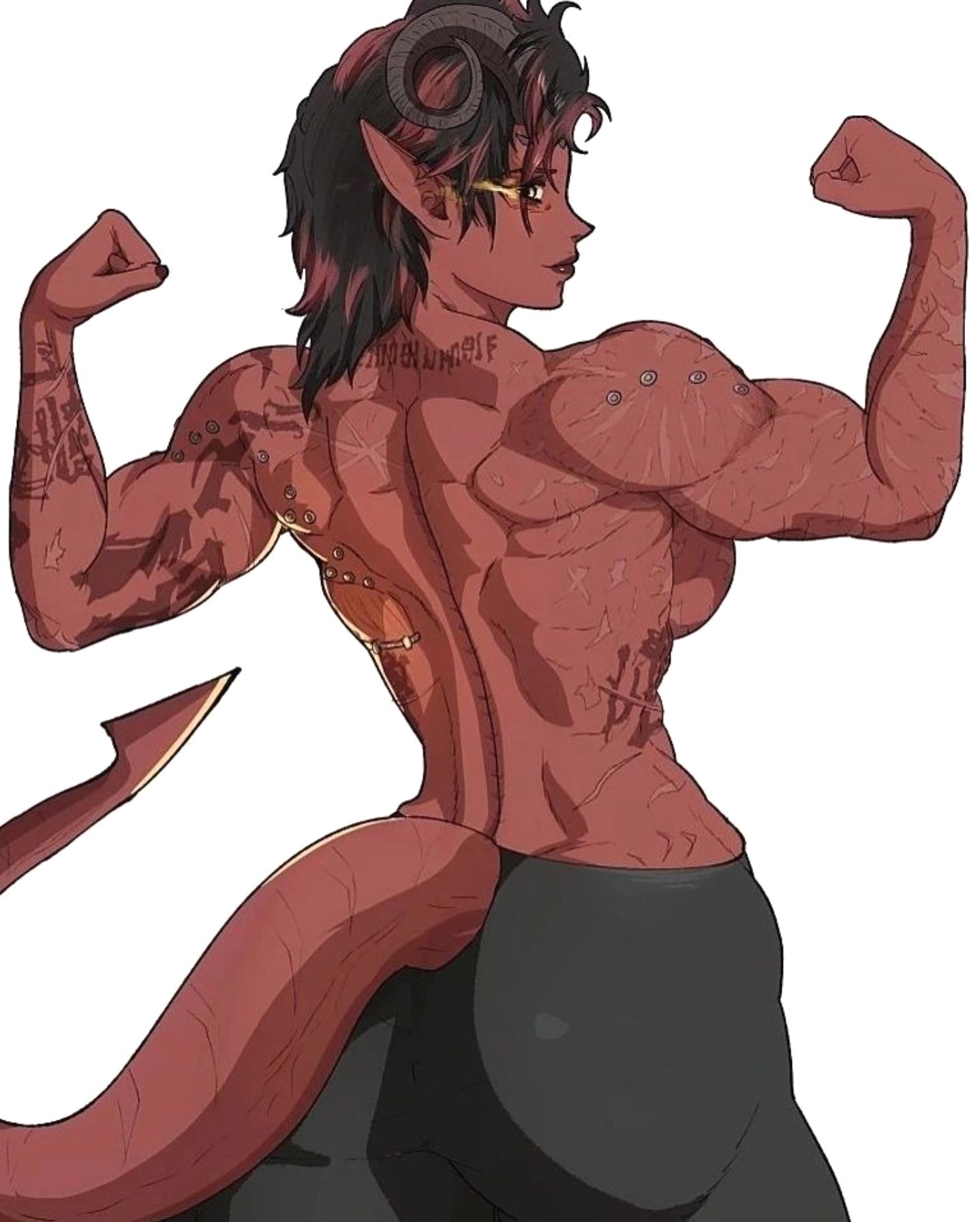 1girls, ass, athletic, athletic female, back muscles, back view, baldur's gate, baldur's gate 3, big breasts, breasts, bubble ass, bubble butt, dungeons and dragons, female, female only, flexing, forgotten realms, karlach, looking at viewer, looking back, looking over shoulder, muscles, muscular, muscular back, muscular female, red skin, scar, shirtless, tiefling, tiefling girl, topless, yoracrab