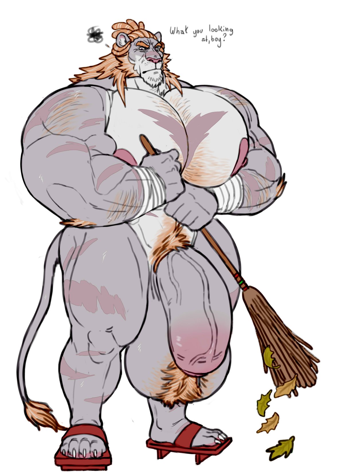 anthro areolae ball_tuft balls bandages big_areola big_muscles big_pecs broom chest_hair felid feline flaccid foreskin furry holding_object homura_(character) huge_balls huge_cock huge_muscles huge_pecs hyper hyper_balls hyper_genitalia hyper_penis itzcharlie leaves lion looking_at_viewer male male_only mammal markings muscles muscular muscular_anthro muscular_arms muscular_legs muscular_male muscular_thighs nipples pecs penis pubic_hair pubic_tuft solo solo_male speaking_to_viewer sweeping tail text thick_penis thick_thighs veiny_penis