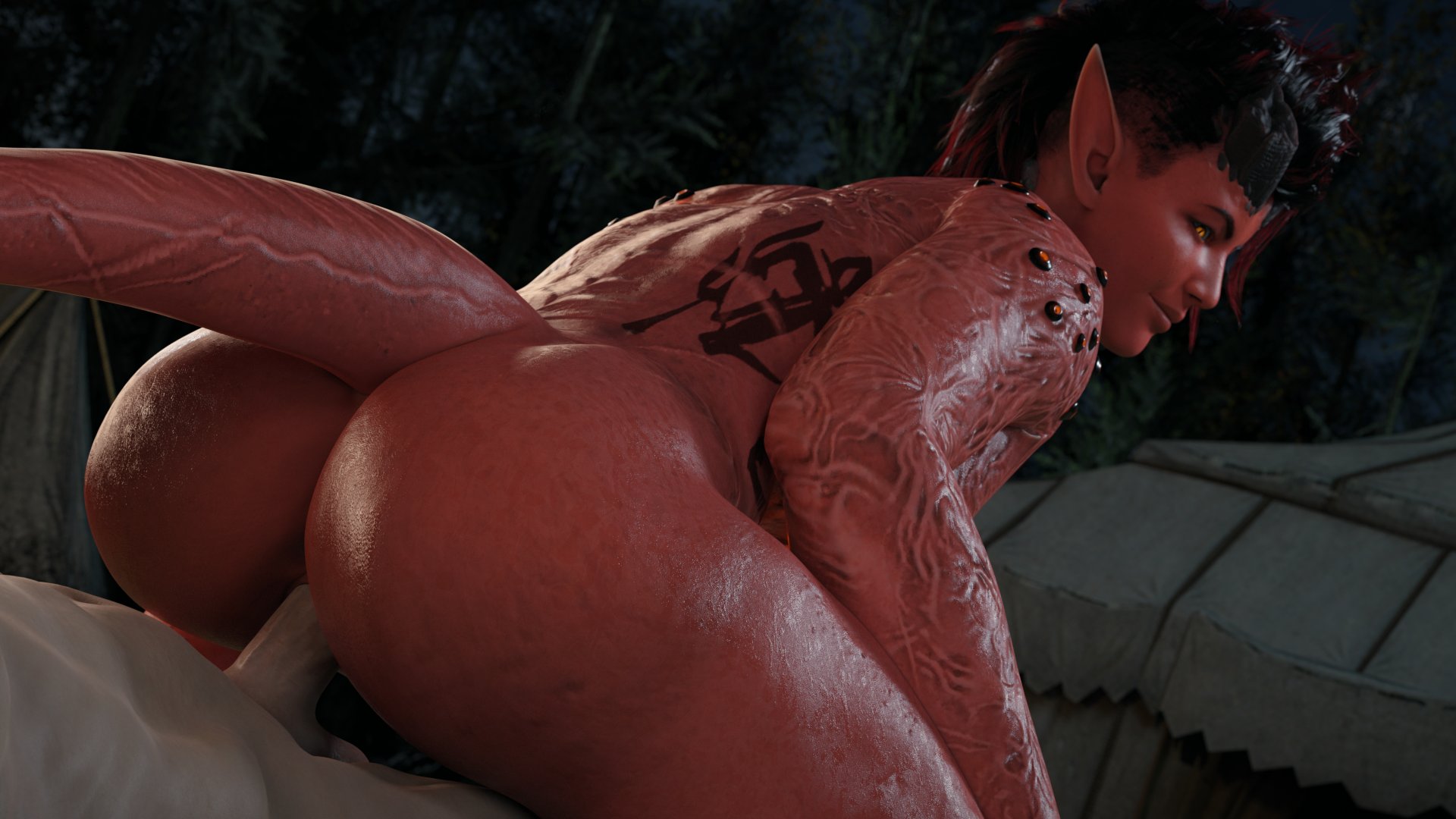 3d, ass, baldur's gate, baldur's gate 3, big ass, bluelight, bubble ass, bubble butt, camp, cowgirl position, dungeons and dragons, female, femdom, forgotten realms, image, interspecies, karlach, looking at partner, looking pleasured, male, muscular, muscular female, pleasure face, pussy, red skin, reverse cowgirl position, sex, smile, smiling at partner, tail, thick thighs, vaginal penetration