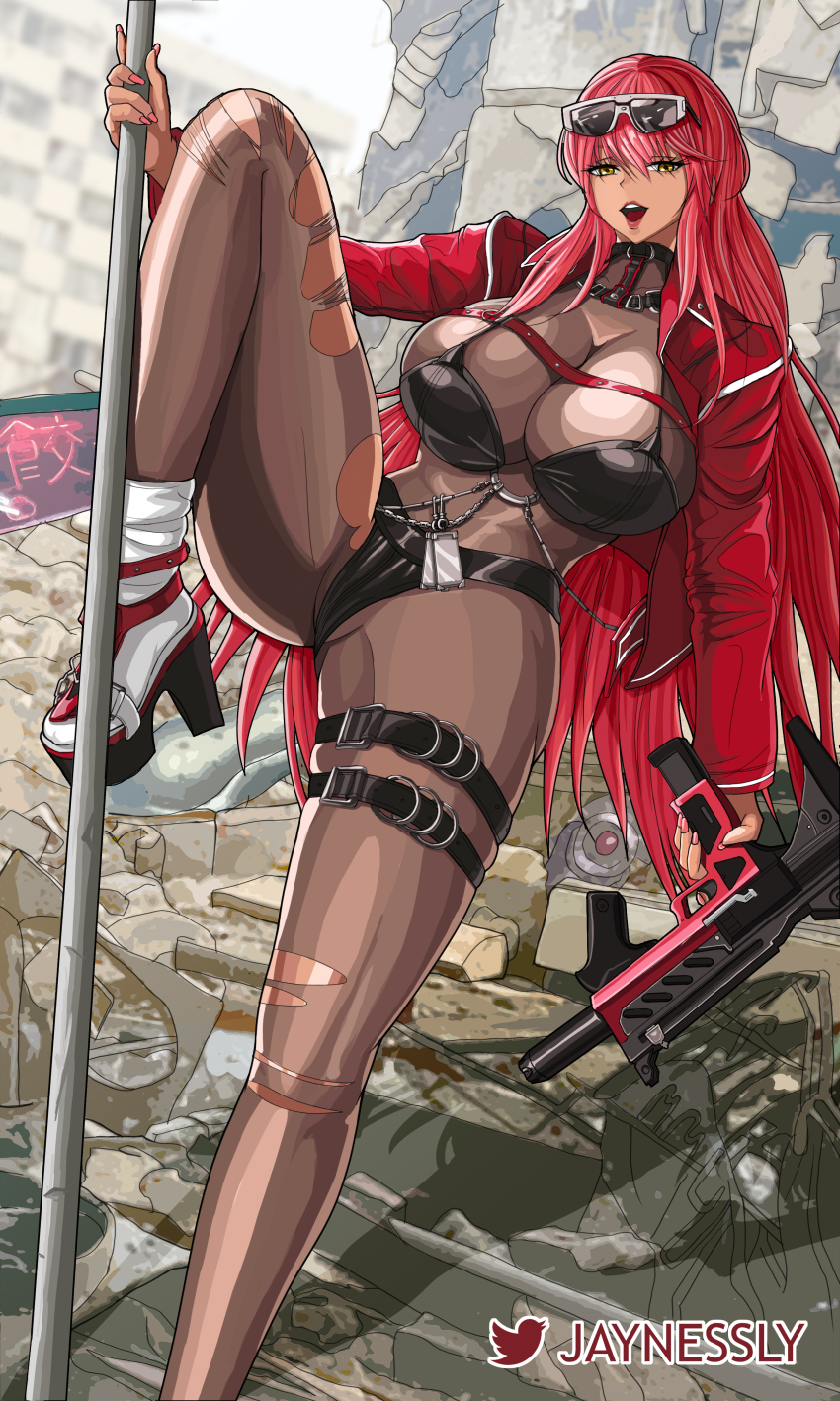 1girls big_breasts bikini bikini_over_clothes bodystocking cleavage dark-skinned_female eyewear eyewear_on_head female female_only goddess_of_victory:_nikke holding_weapon jaynessly nail_polish open_mouth pole red_hair red_jacket sunglasses torn_clothes volume_(nikke) weapon yellow_eyes