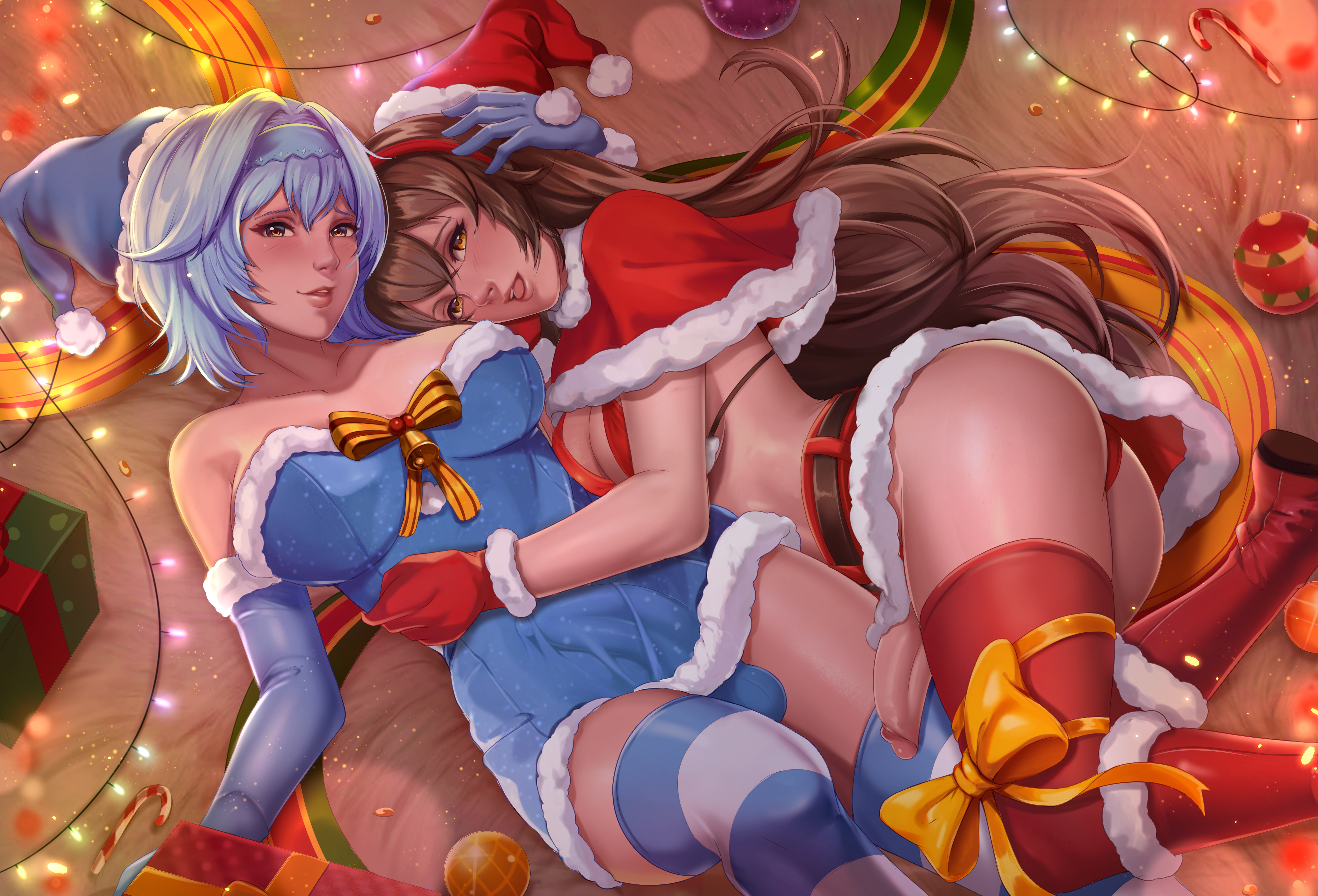 2girls, amber (genshin impact), blue hair, brown hair, christmas, eula (genshin impact), exlic, female, futanari, genshin impact, intersex, light skin, red legwear, striped legwear