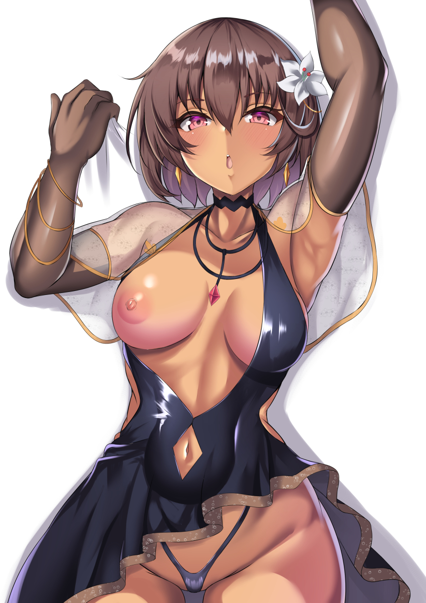 1girls, armpits, arms up, breasts, dress, female, flower, mizuki yukikaze, nipples, one breast out, panties, parapetto, short hair, solo, tagme, taimanin (series), taimanin rpgx