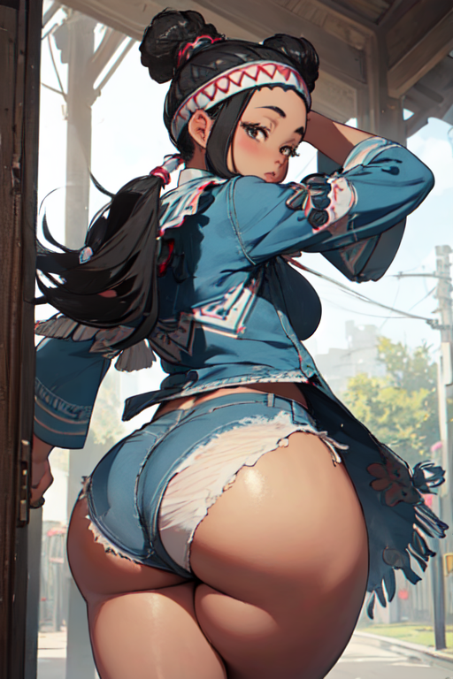 ai_generated arms_up ass attention bending_over big_ass big_butt black_hair body booty_shorts capcom hair legs lily_hawk long_hair looking_at_viewer looking_back looking_back_at_viewer pixai shorts street_fighter street_fighter_6 thick_thighs thighs tribal