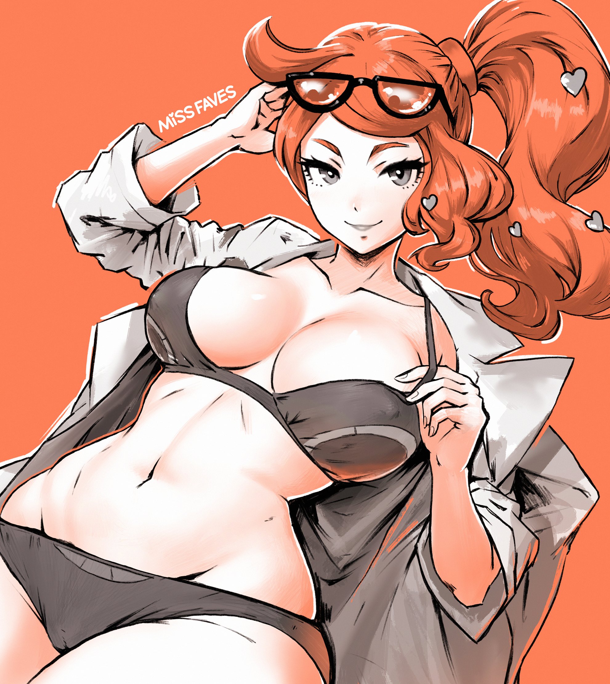 1girls, big breasts, black bra, black panties, bra, breasts, cleavage, clothing, female, female only, game freak, large breasts, legs together, long hair, looking at viewer, matching underwear, missfaves, nintendo, orange hair, orange theme, panties, pokemon, pokemon professor, pokemon ss, side ponytail, smile, solo, sonia (pokemon), wide hips