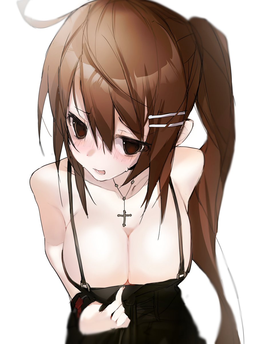 black_dress breasts brown_eyes brown_hair cleavage dizzy_(nadecola9) dress female formal highres large_breasts minakami_yuki simple_background subarashiki_hibi sweatdrop upper_body