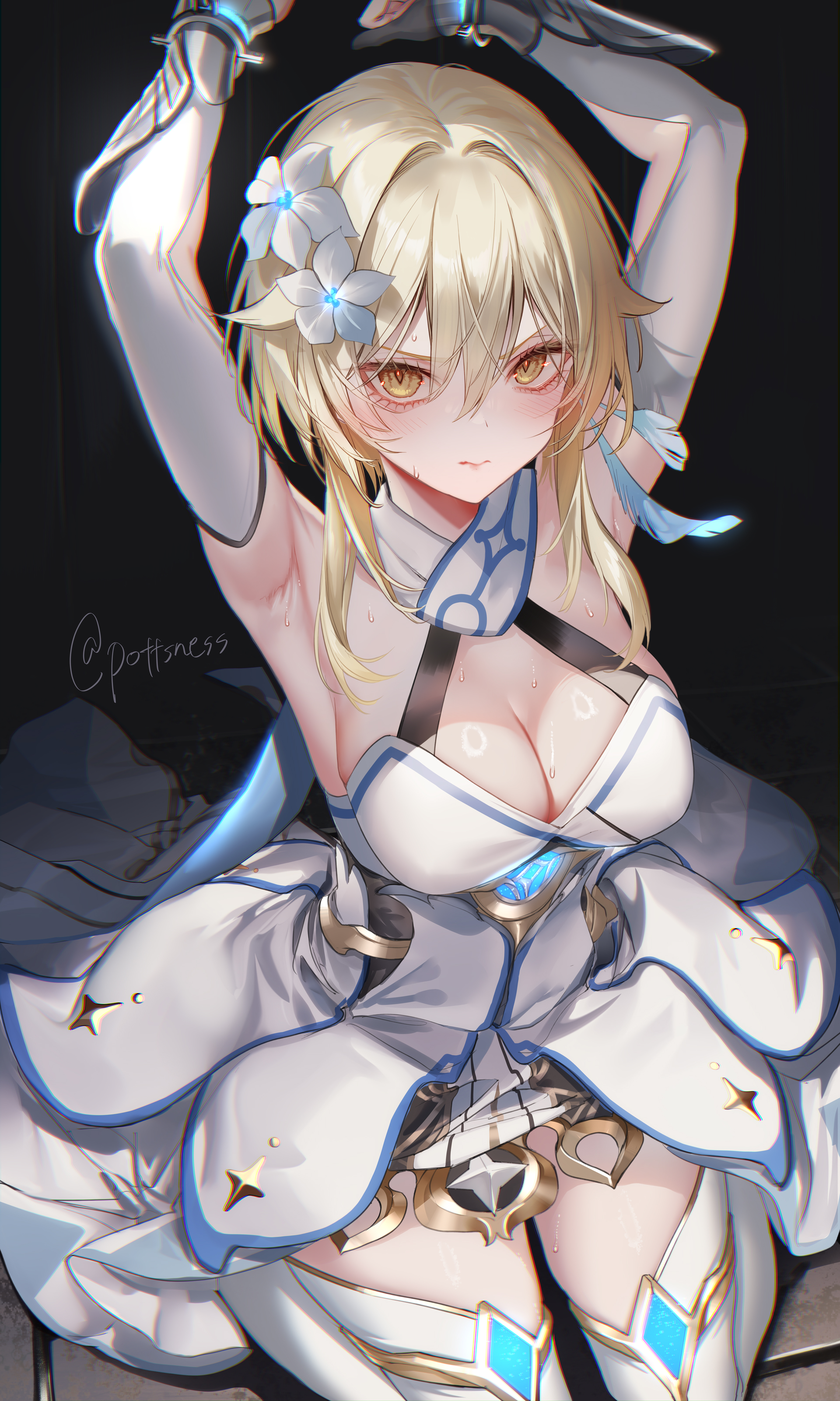 1girls, angry, angry face, armpits, arms up, artist name, bare shoulders, big breasts, blonde hair, blush, bondage, breasts, captured, captured heroine, chained, chains, cleavage, closed mouth, defeated, elbow gloves, female, from above, frown, genshin impact, hair flower, handcuffs, hi res, kidnapped, large breasts, looking at viewer, lumine (genshin impact), nervous sweat, pottsness, restrained, restrained arms, short dress, short hair, short hair with long locks, sidelocks, sweat, sweaty, sweaty breasts, thighhighs, thighs, twitter username, viewed from above, white dress, white elbow gloves, white gloves, white legwear, white thighhighs, wrist cuffs, yellow eyes