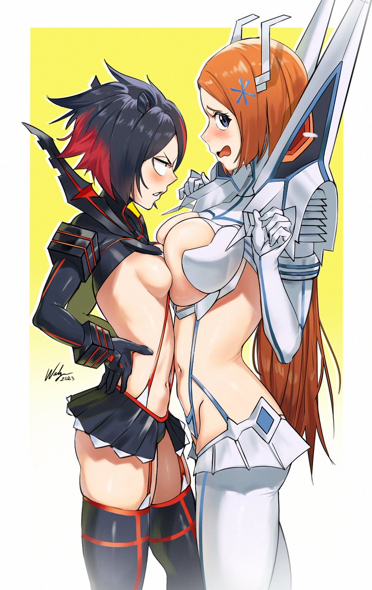 2girls big_breasts bleach bleach:_the_thousand-year_blood_war breasts crossover crossover_cosplay female female_only inoue_orihime junketsu junketsu_(cosplay) kill_la_kill kiryuuin_satsuki_(cosplay) kuchiki_rukia matoi_ryuuko_(cosplay) multiple_girls satsukii senketsu senketsu_(cosplay) small_breasts waligner