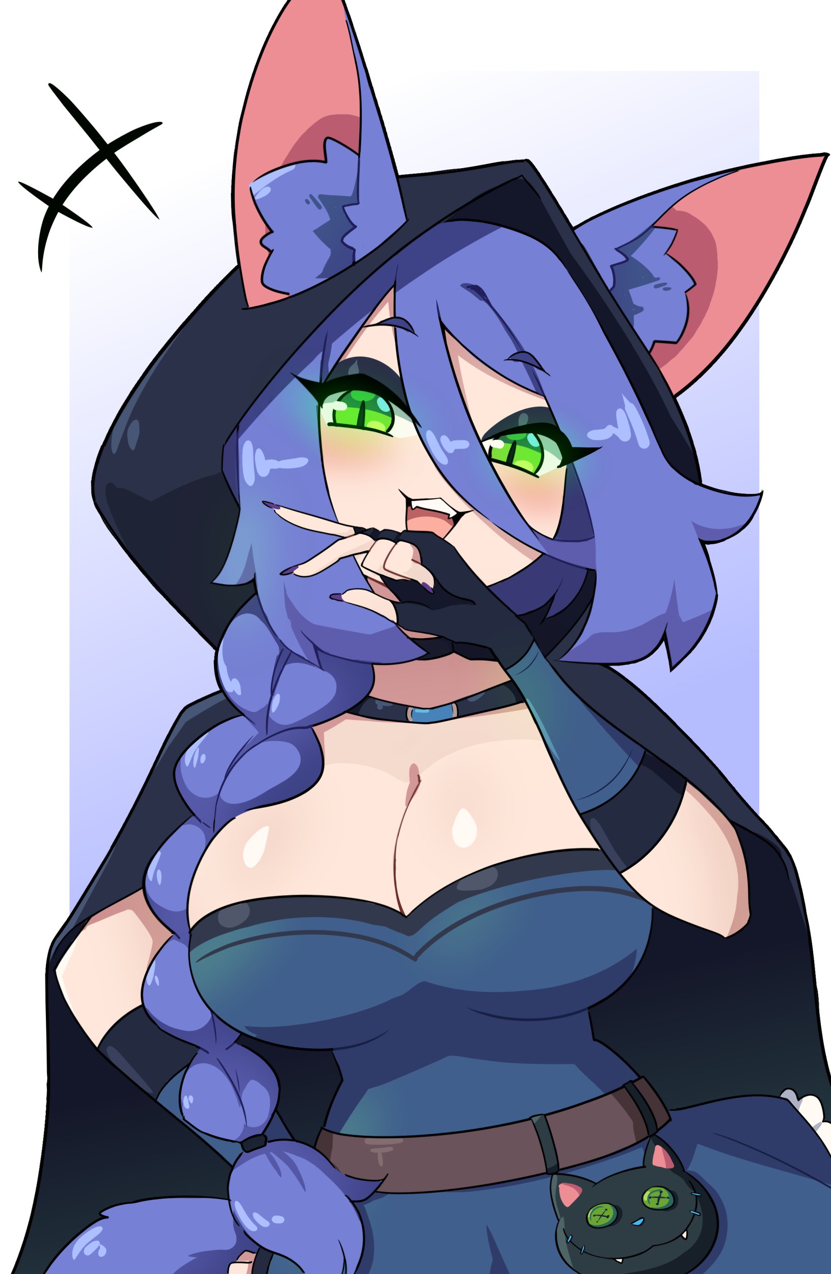 1girls, blue hair, blush, braid, breasts, cat ears, cat girl, catgirl, cleavage, female, female only, green eyes, hooded cloak, j5daigada, looking at viewer, slit pupils, smiling, smiling at viewer, solo, tagme, tagme (character)