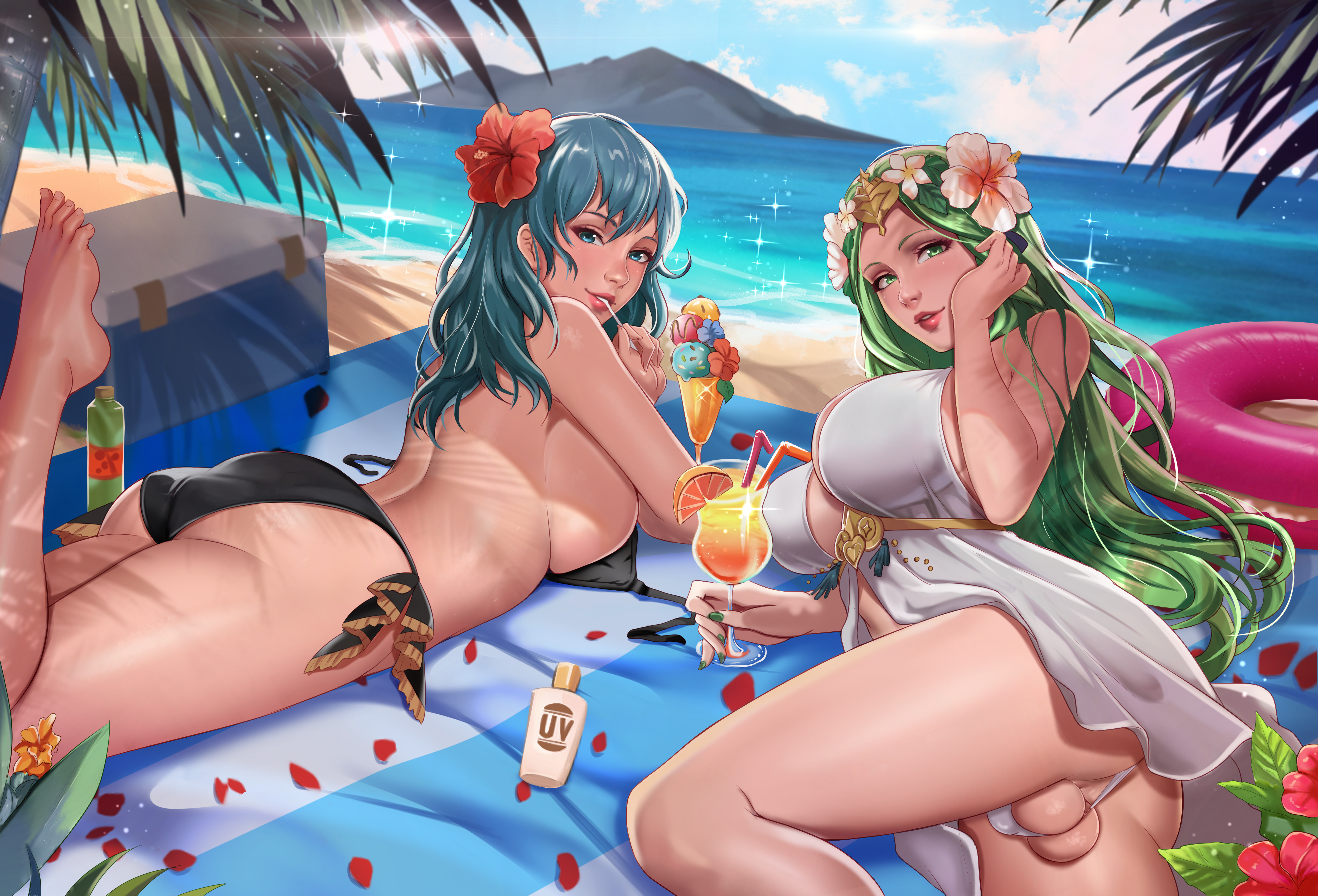 1futa, 1girls, balls, balls bulge, balls in panties, balls under clothes, beach, beach towel, byleth (fire emblem), byleth (fire emblem) (female), exlic, female, fire emblem, flaccid, futanari, green nails, intersex, light skin, light-skinned futa, panties, panty bulge, partially clothed, penis, penis bulge, penis in panties, penis under clothes, rhea (fire emblem), small clothes, small panties, tagme