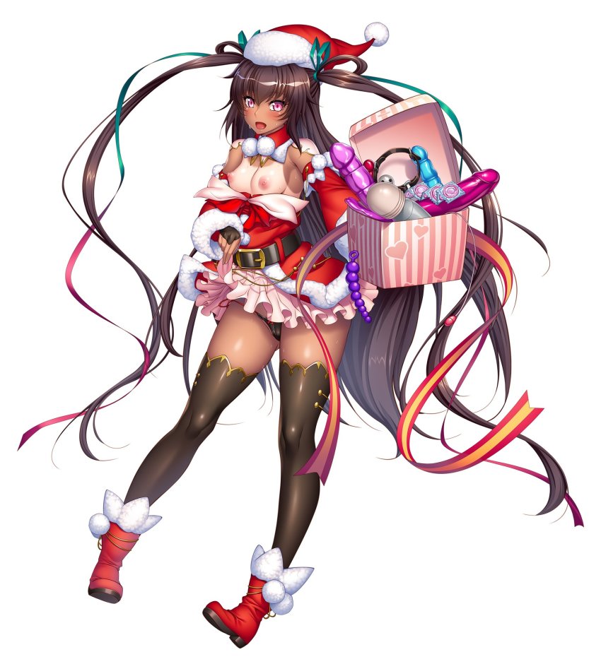 aoi_nagisa_(artist) blush christmas_outfit dark-skinned_female dark_skin exhibitionism exposed_breasts mizuki_yukikaze official_art santa_costume santa_hat sex_toy tagme taimanin_(series) white_background