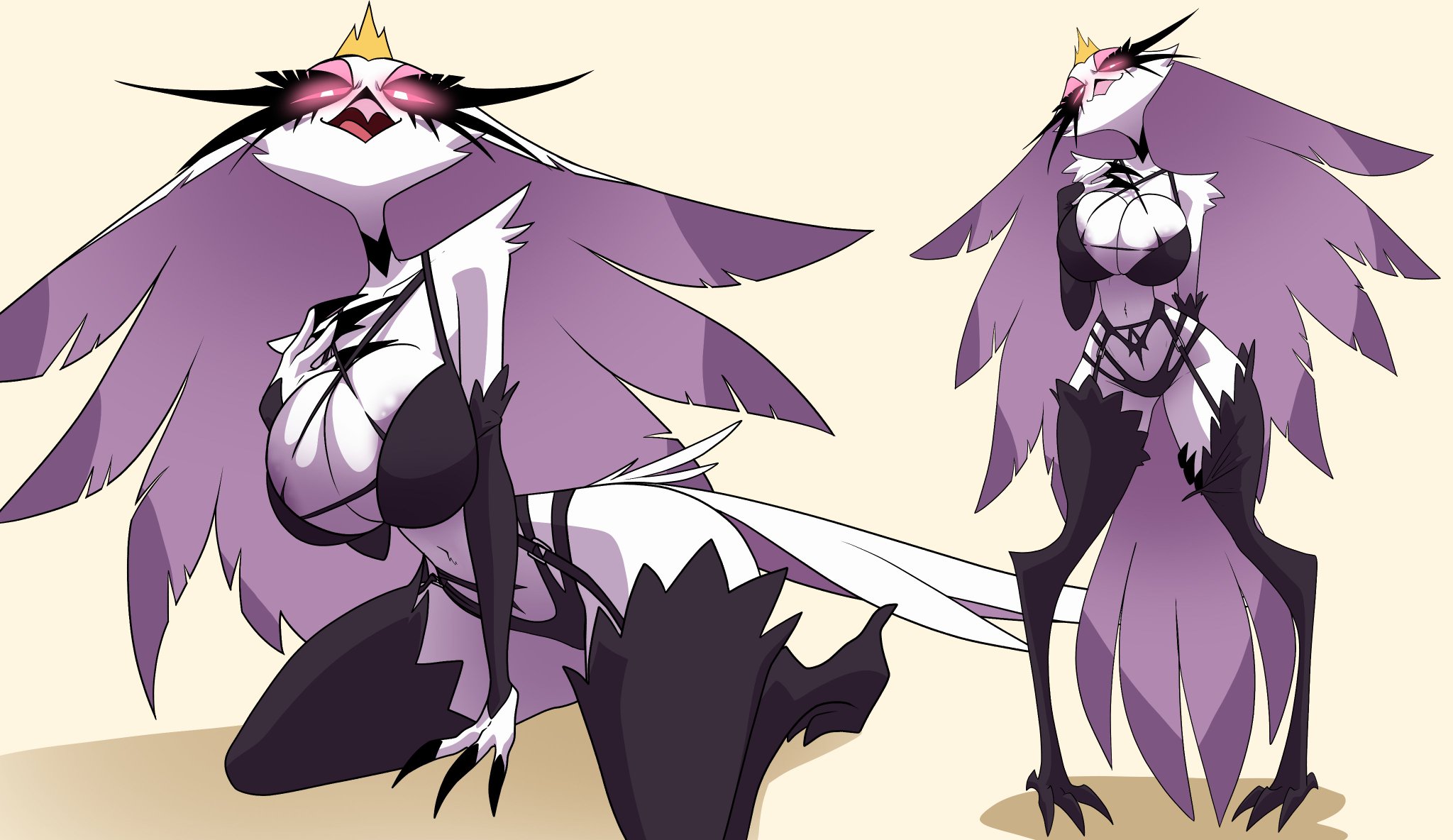 anthro, avian, avian demon, beak, bending over, big breasts, bird, bra, breasts, cleavage, clothing, coolerinker, crown, demon, eyelashes, feathers, female, female only, fur, gloves, hand on chest, hand on thigh, headgear, helluva boss, inker comics, inkershike, kneeling, lingerie, mature anthro, mature female, owl, owl demon, pink sclera, red eyes, sharp claws, smile, stella (helluva boss), tagme, tail, taller female, thick thighs, thighhighs, voluptuous, white body, white eyes, white feathers, white fur, wide hips