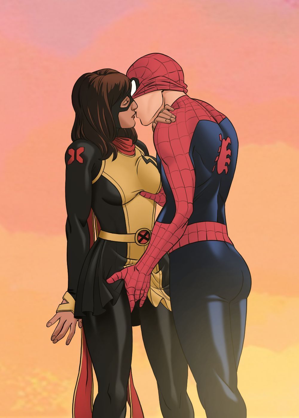 1boy 1boy1girl 1girls age_difference bleepideeboop breast_grab brown_hair brown_skin brown_skinned_female costume facing_each_other female interracial kamala_khan kiss light-skinned_male light_skin long_hair male marvel marvel_comics mask mask_lift ms._marvel ms._marvel_(kamala_khan) muslim muslim_female outside pakistani pakistani_female penetration peter_parker pregnant pussy_rub pussy_rubbing red_scarf scarf skirt spider-man spider-man_(series) standing superhero superheroine tagme_(artist) uterus x-men