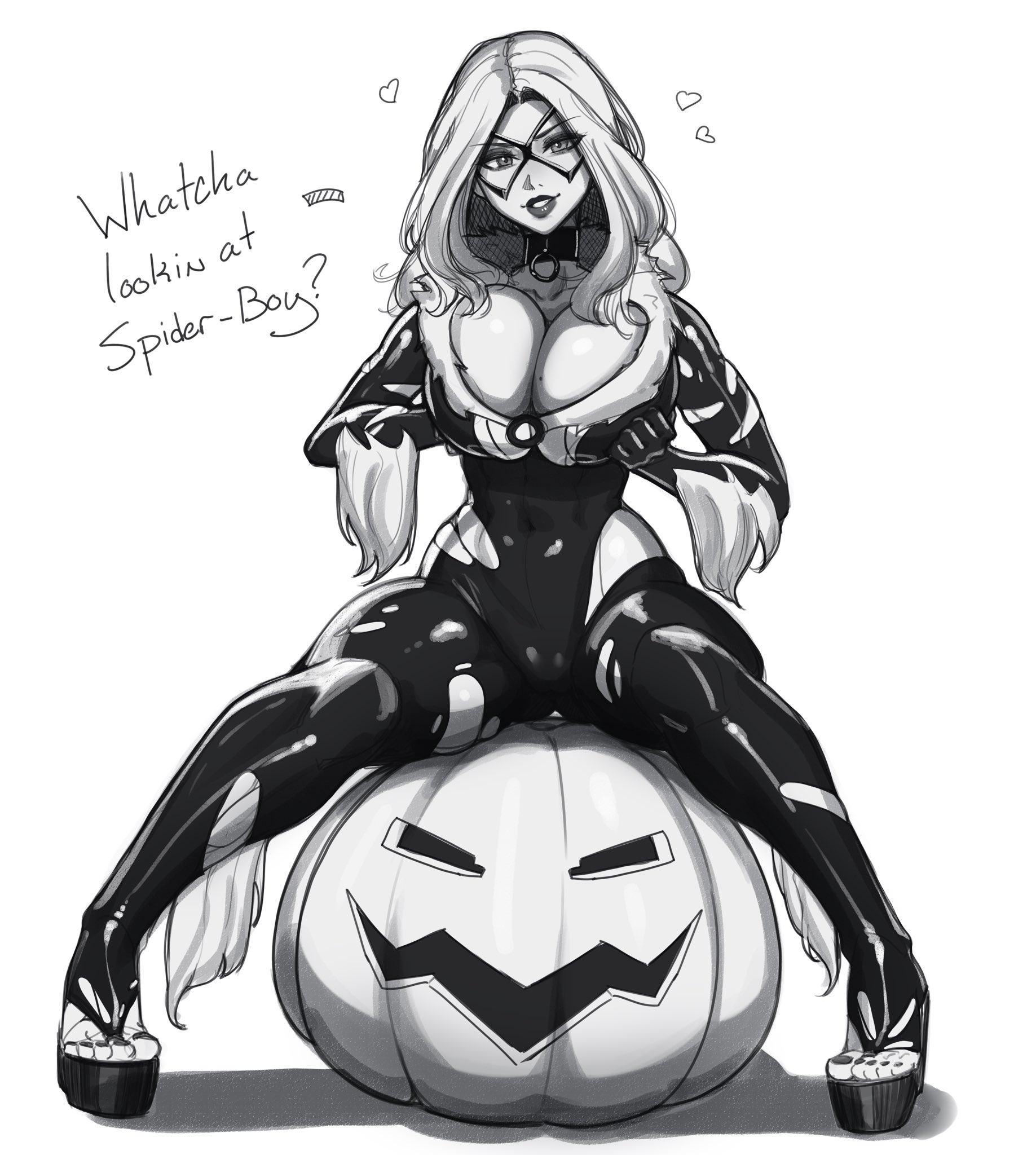 1girls, aelion draws, big breasts, black cat (marvel), breasts, busty, choker, cleavage, collar, curvy, curvy female, felicia hardy, female, female only, heels, high heels, hips, huge breasts, human, human only, large breasts, light skin, light-skinned female, lips, marvel, marvel comics, mask, masked female, platform heels, plump lips, pumpkin, pumpkin head, sketch, spider-man (series), squeezing breast, thick, thick lips, thick thighs, thighs, thin waist, torn clothes, torn clothing, wardrobe malfunction