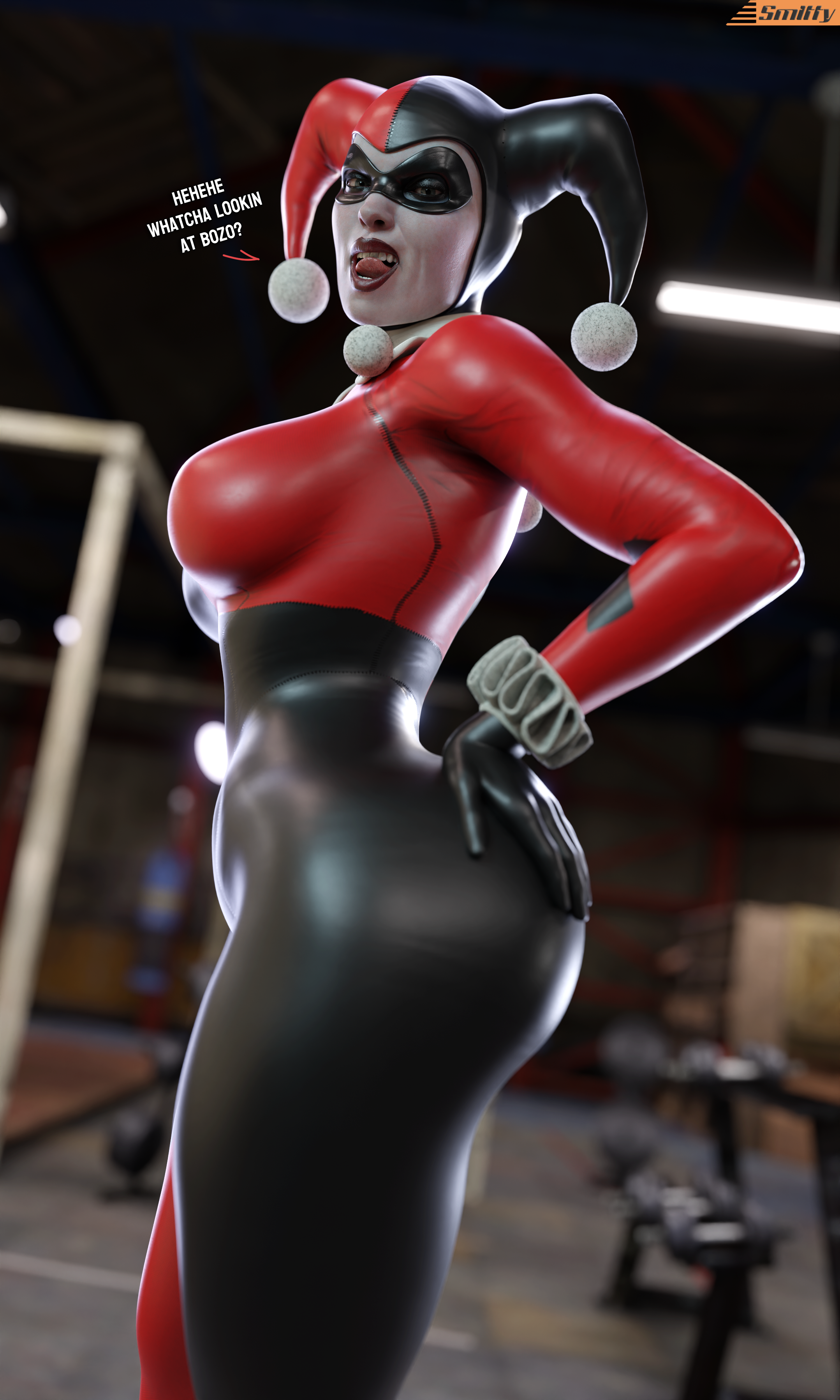 1girls, 3d, 3d (artwork), batman (series), batman: arkham knight, big breasts, blender (software), bodysuit, breasts, clown, clown girl, dc, dc comics, dialogue, female, female only, fully clothed, harley quinn, harley quinn (classic), harley quinn (injustice), injustice 2, jester, jester cap, jester costume, jester girl, jester hat, jester outfit, smitty34, solo, tagme, text, thick thighs, tongue, tongue out, voluptuous, voluptuous female