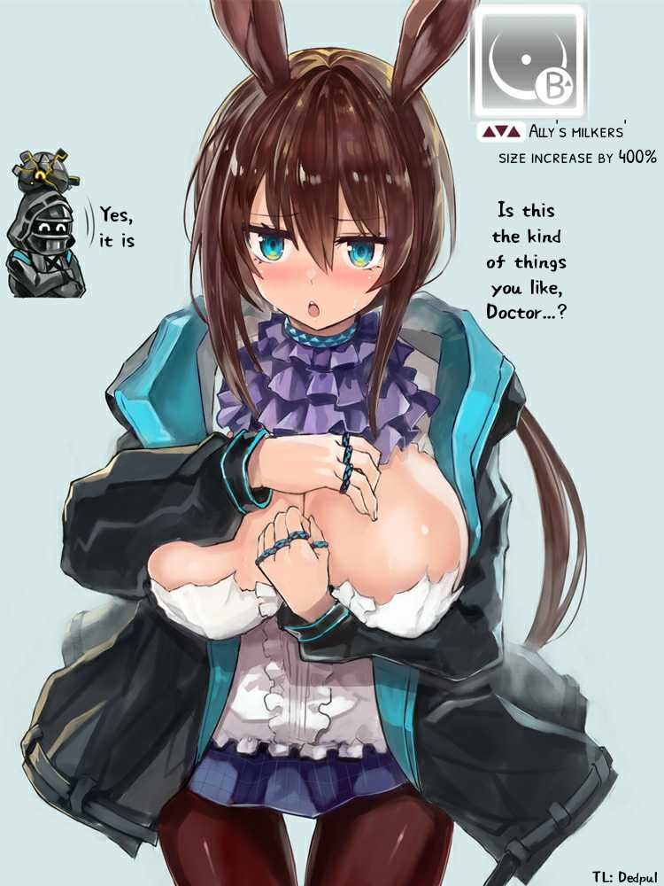 amiya (arknights), animal ears, arknights, big breasts, blue eyes, blush, breast expansion, breast growth, breast growth (enlargement), breasts, brown hair, bunny ears, bunny girl, clothed, embarrassed, english text, female, fenal kun (idou), gameplay mechanics, large breasts, open mouth, status effect, text