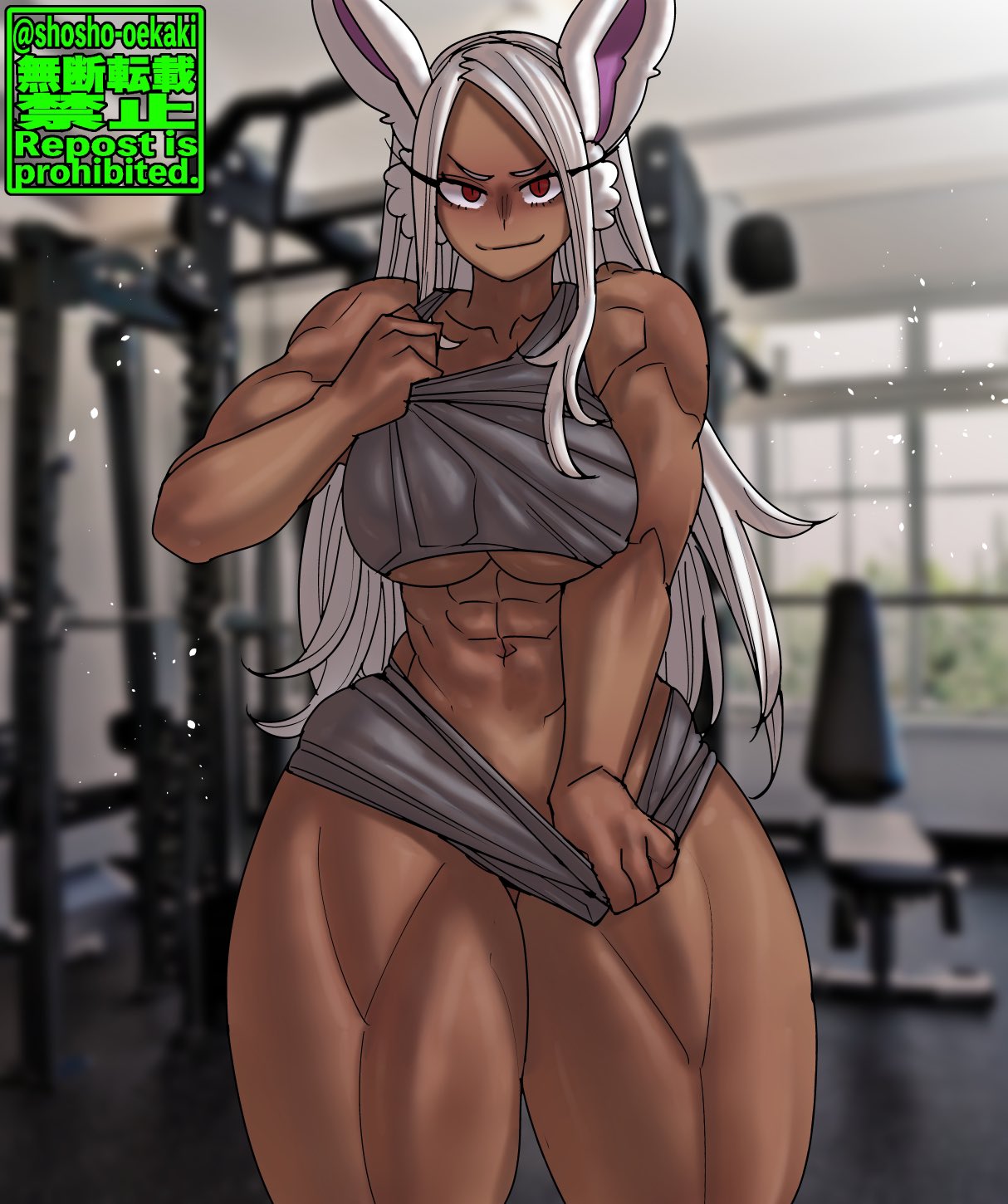 1girls, abs, big breasts, breasts, bunny ears, dark skin, dark-skinned futa, eyebrows, female, futanari, intersex, large breasts, long hair, looking at viewer, miruko, muscular, muscular arms, muscular female, muscular thighs, my hero academia, navel, rabbit ears, red eyes, shosho oekaki, solo, solo female, solo focus, thick legs, thick thighs, thighs, white hair, wide hips