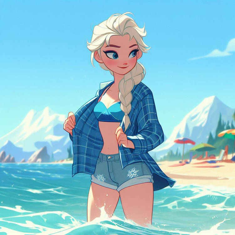 ai_generated beach bikini blue_eyes braid disney disney_princess ecchi elsa elsa_(frozen) frozen_(film) frozen_2 nature plaid shallow_water short_shorts shorts small_breasts standing_in_water tagme water