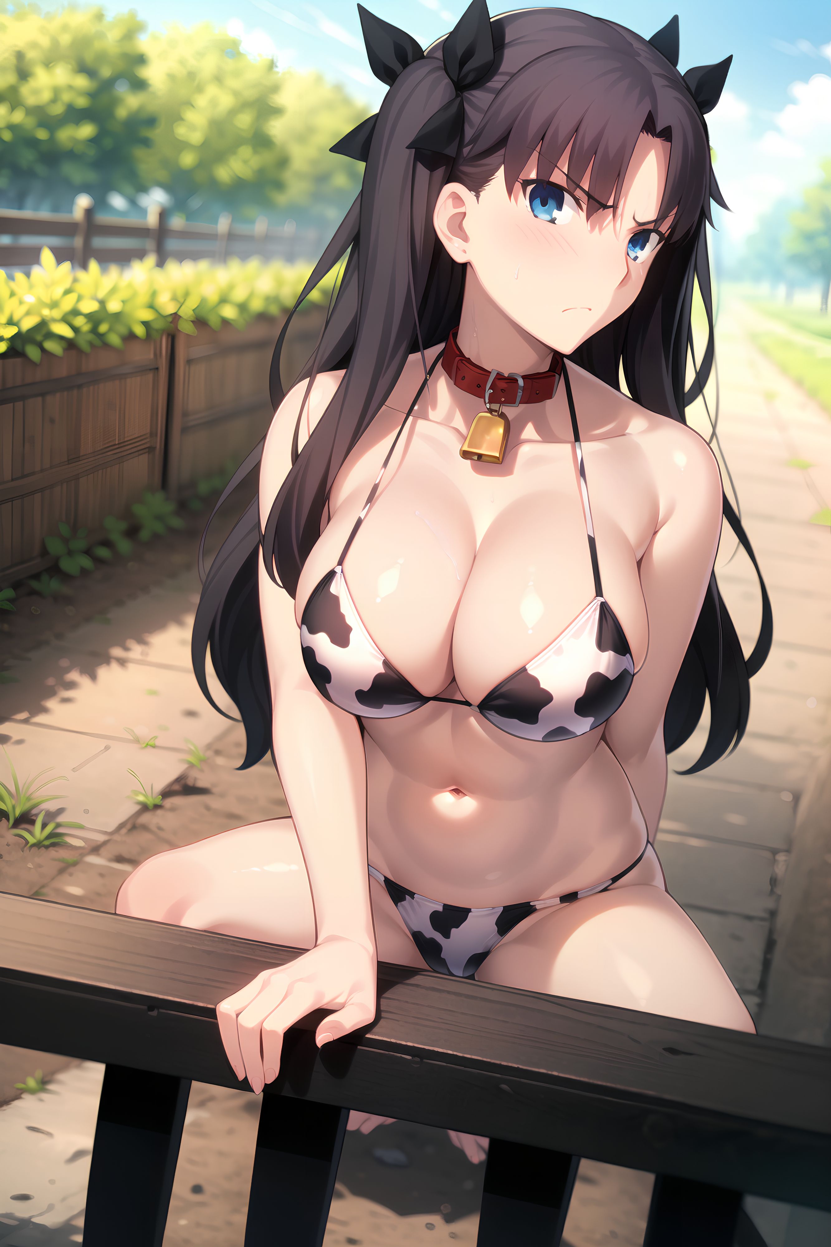 1girls, ai generated, bikini, breasts, brown hair, collar, cow costume, cow print, cow print bikini, day, facing viewer, fate (series), fate/grand order, female, full body, ishtar (fate/grand order), large breasts, long hair, looking at viewer, male, male pov, nai diffusion, outdoors, pov, red eyes, solo, squatting, stable diffusion, tohsaka rin, tongue, tongue out, twintails