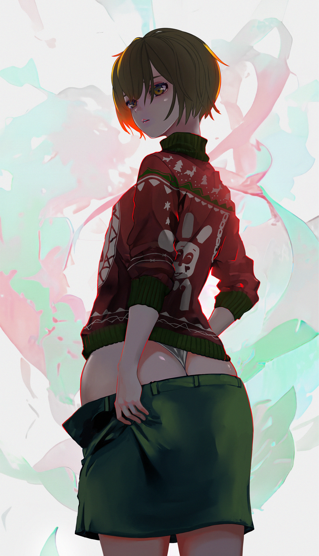 1girls, 2d, ass, blonde hair, brown eyes, cheryl mason, christmas outfit, dbd, dead by daylight, female, female only, heather mason, konami, light skin, light-skinned female, looking at viewer, looking back, panties, rear view, short hair, silent hill, silent hill 3, skirt, skirt down, skirt pull, solo, suzusiron, sweater, thong, turtleneck, turtleneck sweater, white panties, wide hips