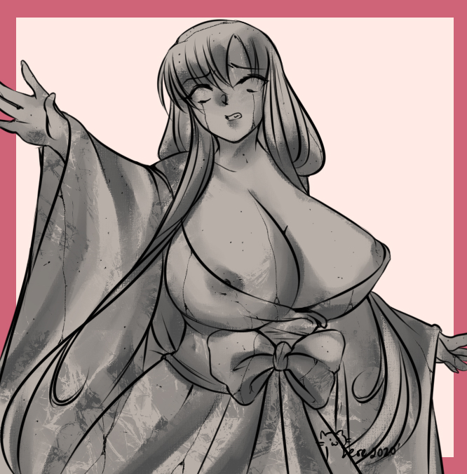 breasts cleavage distressed iwato_kasumi large_breasts miko nipple_slip nipples petrification saki