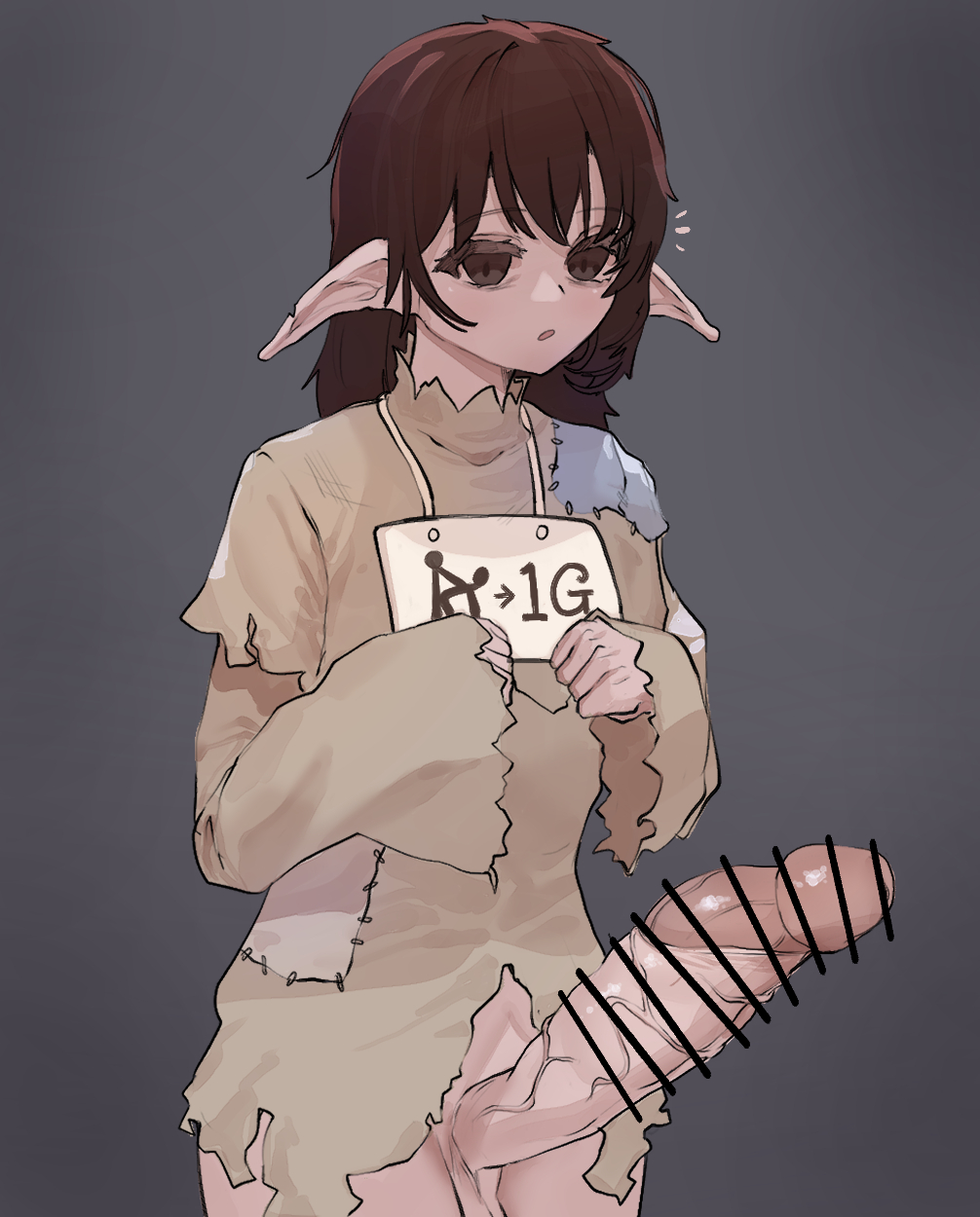 1boy big_penis clothed color colored elf_ears erection femboy hung_trap light-skinned_male light_skin long_ears long_hair long_penis penis prostitution ripped_clothing sign ssenko tattered_clothing veiny_penis