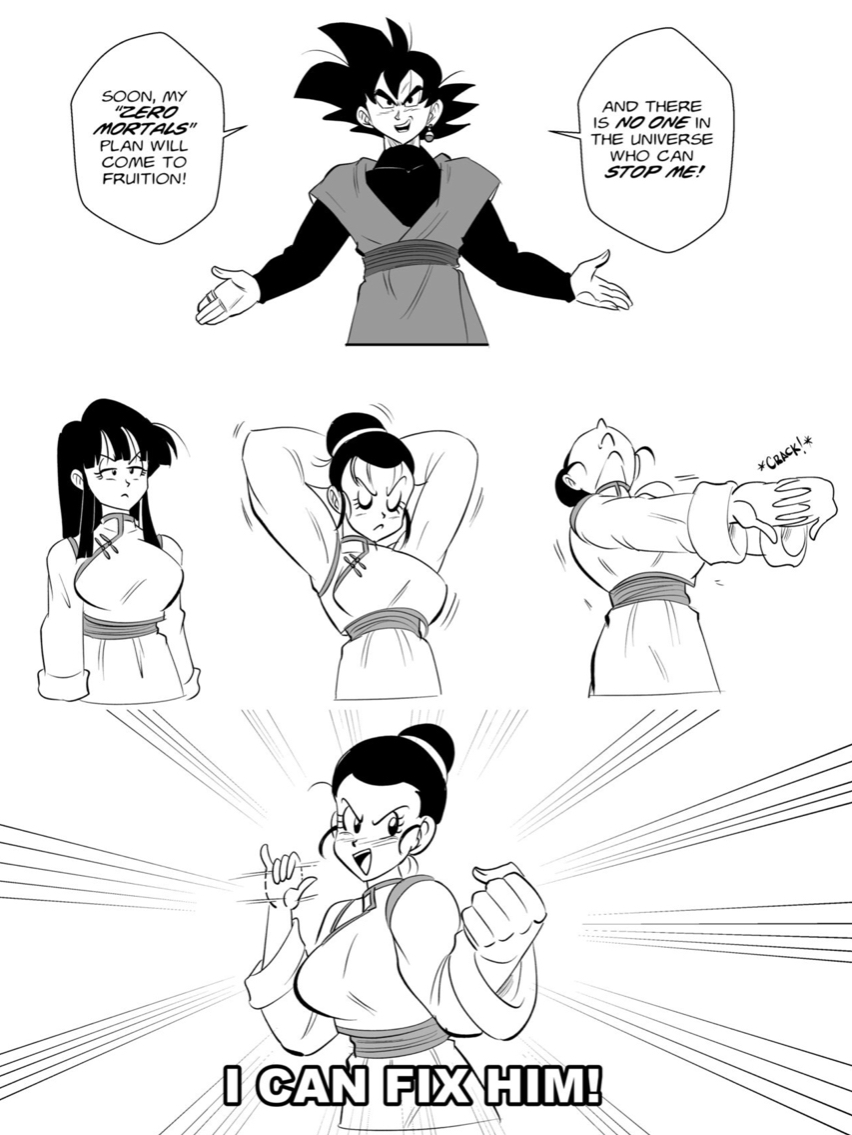 1boy 1girls big_breasts black_and_white breasts chichi dragon_ball dragon_ball_super dragon_ball_z funsexydragonball goku_black long_hair monochrome pose potara_earrings stretching time_ring