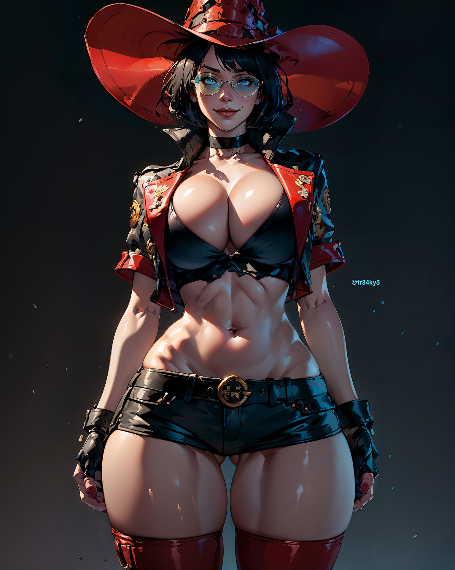 ai generated, big breasts, breasts, cleavage, curvy, female, fr34ky, green-tinted eyewear, guilty gear, huge breasts, i-no, solo, sunglasses, tinted eyewear