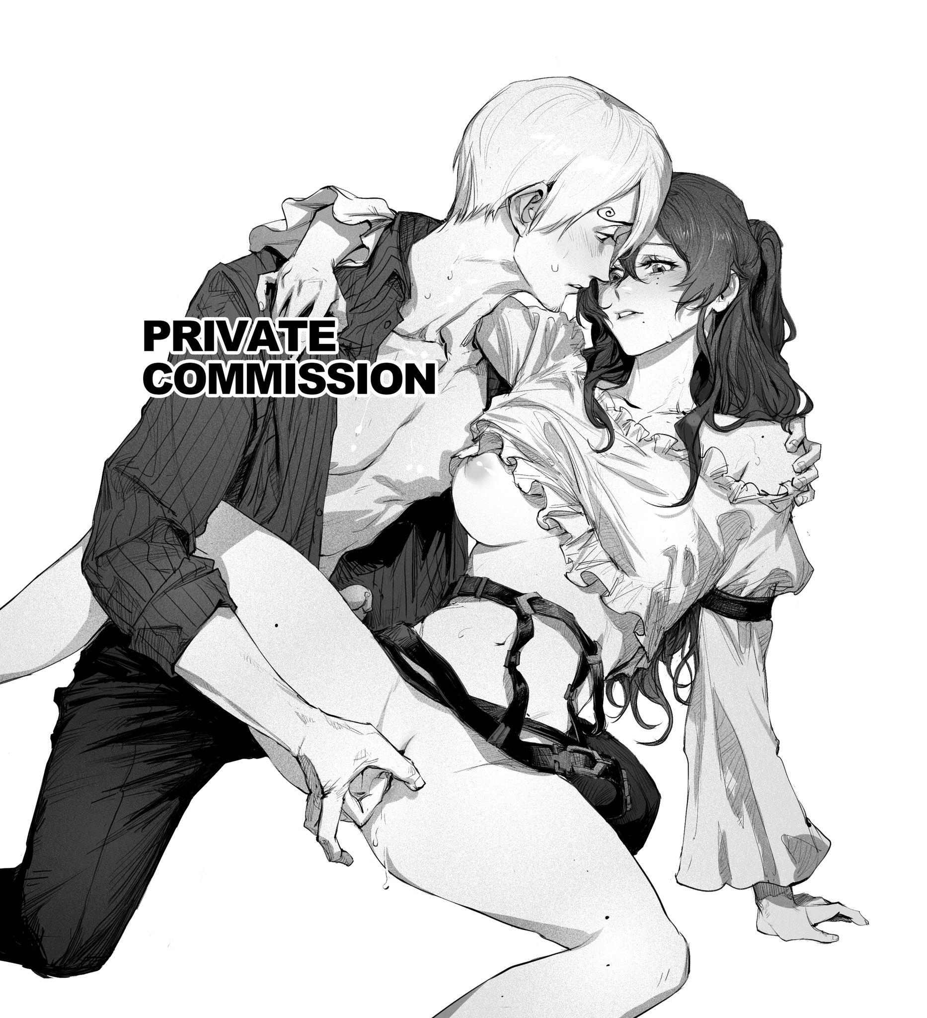 1boy, 1girls, aged down, arm around neck, blush, breasts, charlotte pudding, erection, female, finger fuck, fingering, fingering partner, hairless pussy, long hair, looking at another, male, monochrome, no bra, one breast out, one piece, open shirt, penis, penis peek, pre-timeskip, pussy, shirt up, sleeves rolled up, sweat, tacmiiiii, twintails, uncensored, vinsmoke sanji