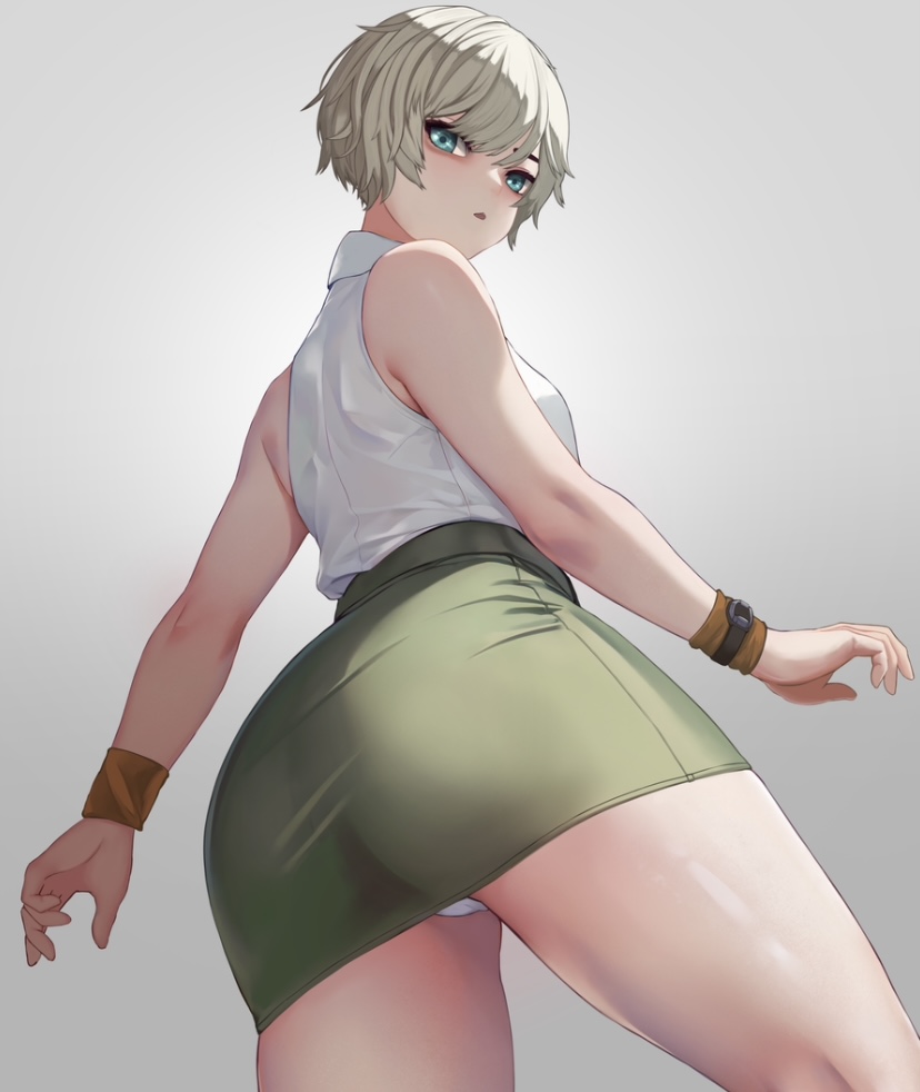 alternate eye color, aqua eyes, ass, ass focus, big ass, blonde hair, blue eyes, female, female only, fully clothed, heather mason, looking at viewer, looking back, looking down, low-angle view, miniskirt, panties, platinum blonde hair, short hair, silent hill, silent hill 3, solo, suzusiron, tight clothing, upskirt, very short hair, white panties, wristband, wristwatch