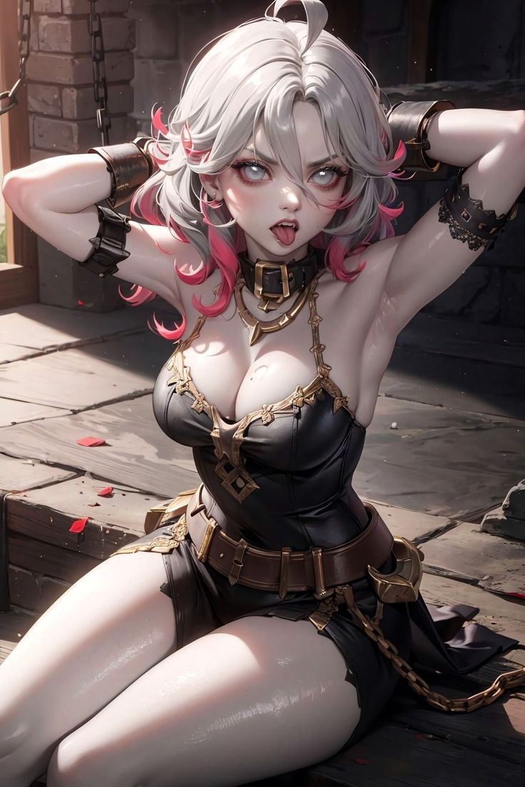 1girls, 2d, ai generated, armpits, arms behind head, breasts, briar (league of legends), female, female only, high-angle view, huge breasts, league of legends, light skin, light-skinned female, looking at viewer, looking up, partially clothed, riot games, thick, thick thighs, tied up, tongue, tongue out, video games, white eyes, white hair