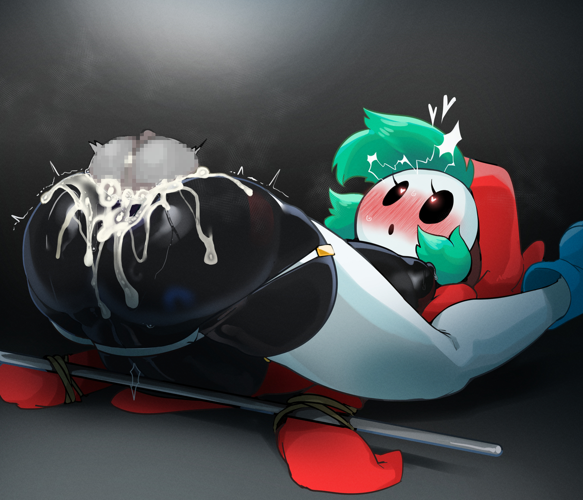 balls, balls deep, black body, bondage, cum, cum in pussy, disembodied penis, ejaculation, female, green hair, male, mario (series), mating press, mdthetest, on back, partially clothed, penis, pussy, shy gal, simple background