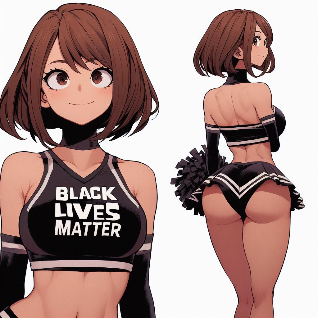 1girls, ai generated, ass, belly button, cheerleader, female, looking at viewer, my hero academia, ochako uraraka, raceplay, solo, white background