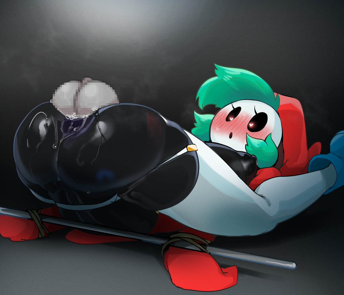 :o, ass, balls, balls deep, black body, disembodied penis, female, green hair, heart-shaped pupils, male, mario (series), mating press, mdthetest, on back, open mouth, partially clothed, penis, puffy nipples, pussy, shy gal, simple background, vagina