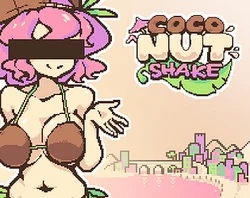 bare_arms bare_midriff bare_shoulders belly_button big_breasts brown_cap cap chubby_female city_background cityscape cleavage coco_nutshake coconut_bra coconut_girl coconut_shake eyess_closed grass_skirt midriff navel pink_hair pixel pixel_(artwork) pixel_art seaside short_hair small_image text