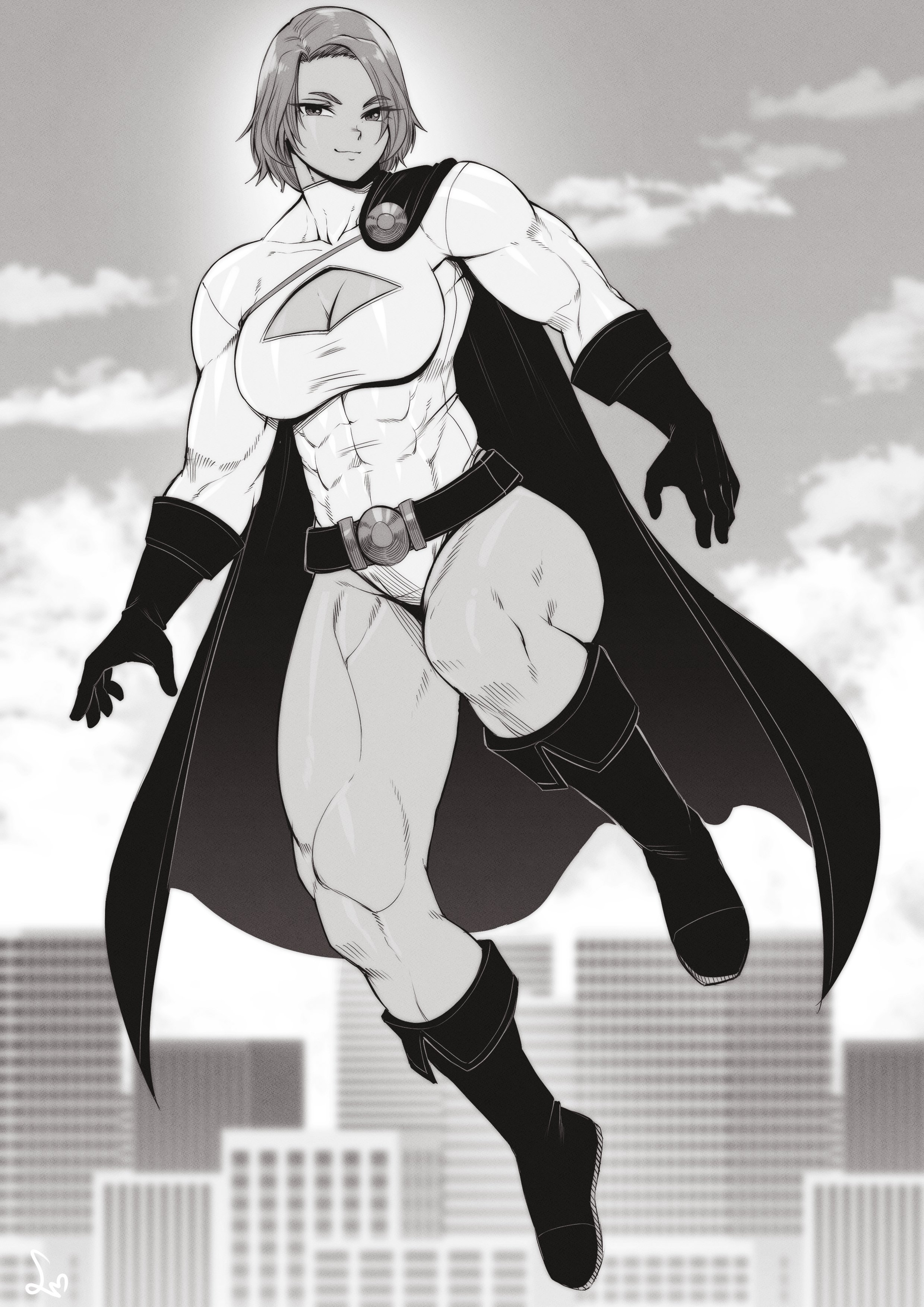 1girls, abs, absurd res, alien, alien girl, alien humanoid, bare thighs, biceps, breasts, city, cleavage window, cleave gag, dc, dc comics, female, flying, hi res, karen starr, large breasts, looking at viewer, monochrome, muscles, muscular, muscular arms, muscular female, muscular thighs, power girl, signature, solo, solo female, solo focus, speedl00ver, superhero, superheroine, superman (series), superpowers, thick thighs, thighs